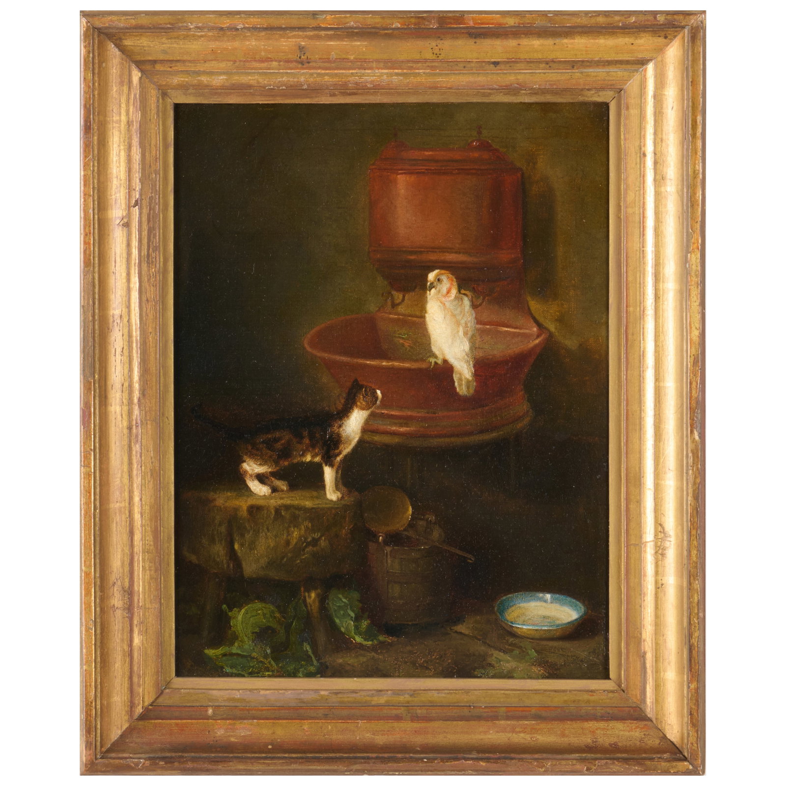 European School: Cat and Parrot: European School: Cat and Parrot Oil on canvas, unsigned, lined. 13 x 10 1/4 in., 16 1/2 x 13 1/2 in. (frame). The Collection of Simon Parkes.
