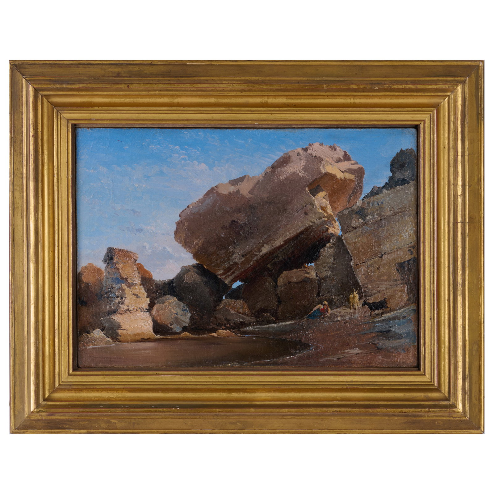 Giacinto Gigante (1806-1876): Goatherd with Goats in a Rocky Inlet: Giacinto Gigante (1806-1876): Goatherd with Goats in a Rocky Inlet Oil on canvas, unsigned, inscribed 'Pix G' on the reverse. 8 1/2 x 12 1/4 in., 13 3/8 x 17 in. (frame). Exhibited: Naples, Galleria