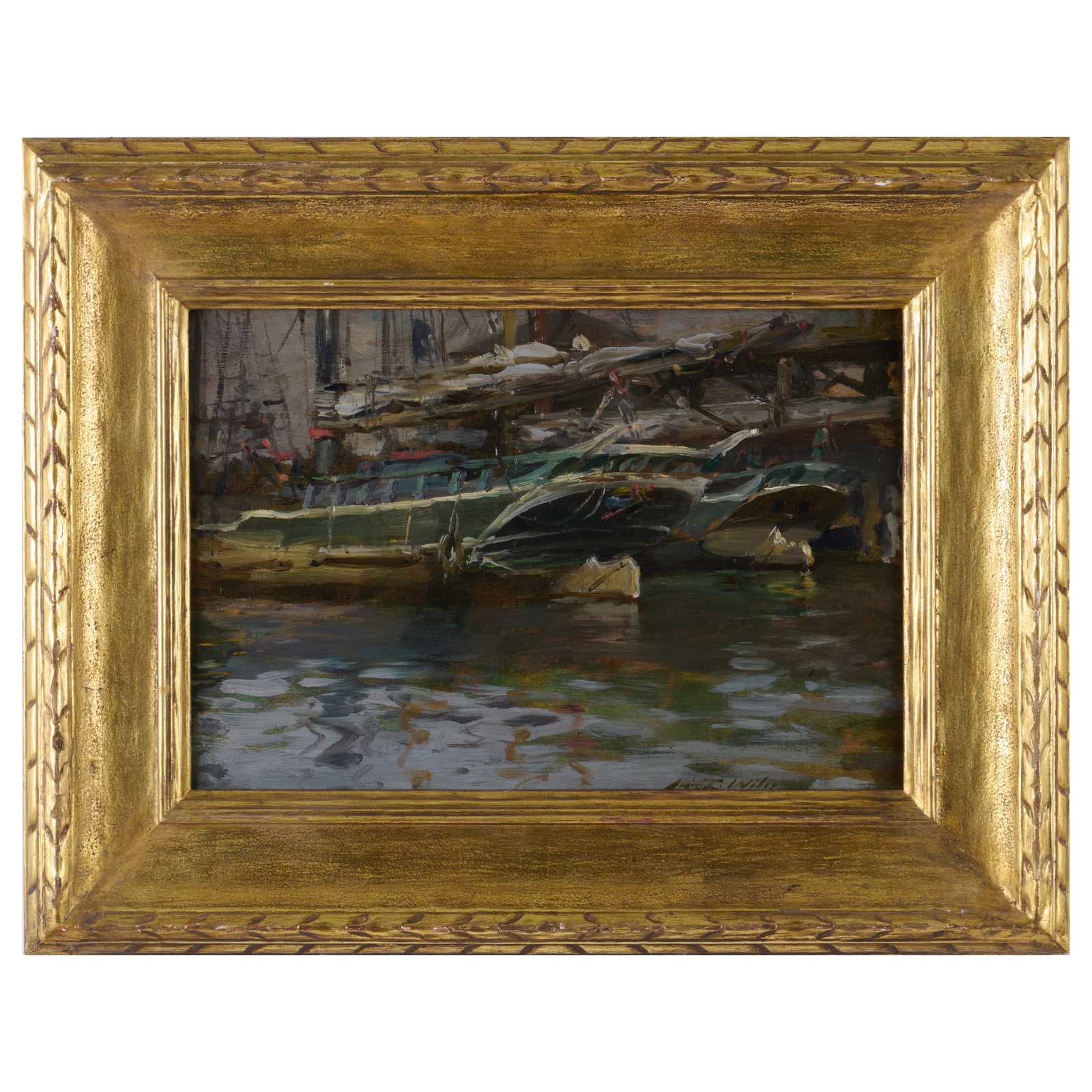 Irving Ramsey Wiles (1861-1948): Schooners: Irving Ramsey Wiles (1861-1948): Schooners Oil on panel, signed 'Irving R. Wiles' lower right, inscribed 'Schooners, "(?) Johnson" and "Comet"' and '1915' on the reverse. 9 1/2 x 14 in., 15 1/2 x 20