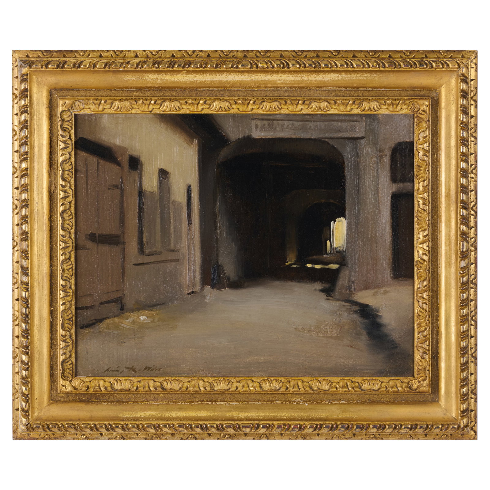 Irving Ramsey Wiles (1861-1948): The Arcade: Irving Ramsey Wiles (1861-1948): The Arcade Oil on canvas, 1910, signed 'Irving R. Wiles' lower left, with label from Chapellier Galleries, NY. 12 1/2 x 16 in., 18 x 21 1/2 in. (frame). No