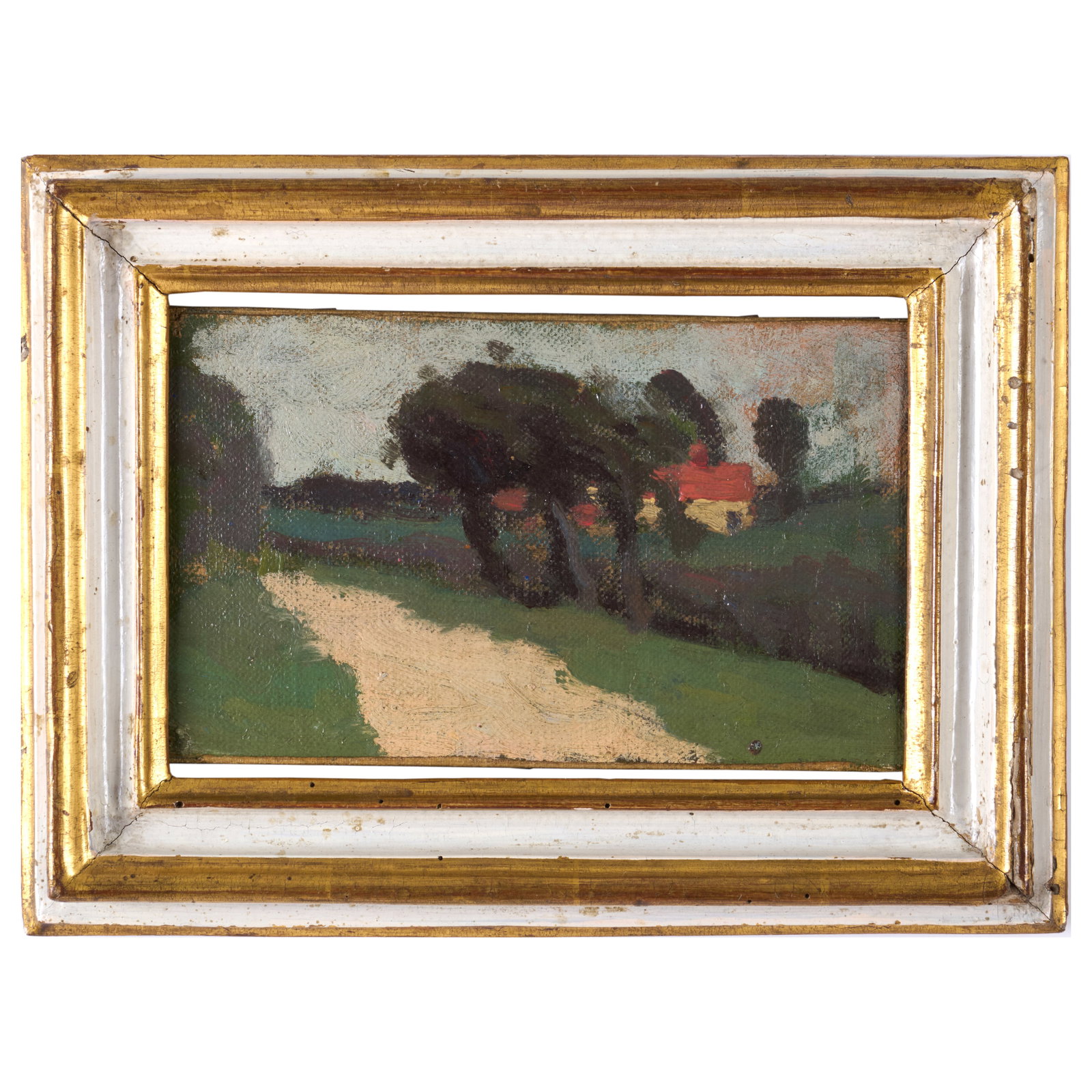 European School: Red Roofed House in a Landscape: European School: Red Roofed House in a Landscape Oil on canvas, unsigned, lined. 4 3/4 x 8 1/2 in., 8 1/4 x 11 1/4 in. (frame). The Collection of Simon Parkes.