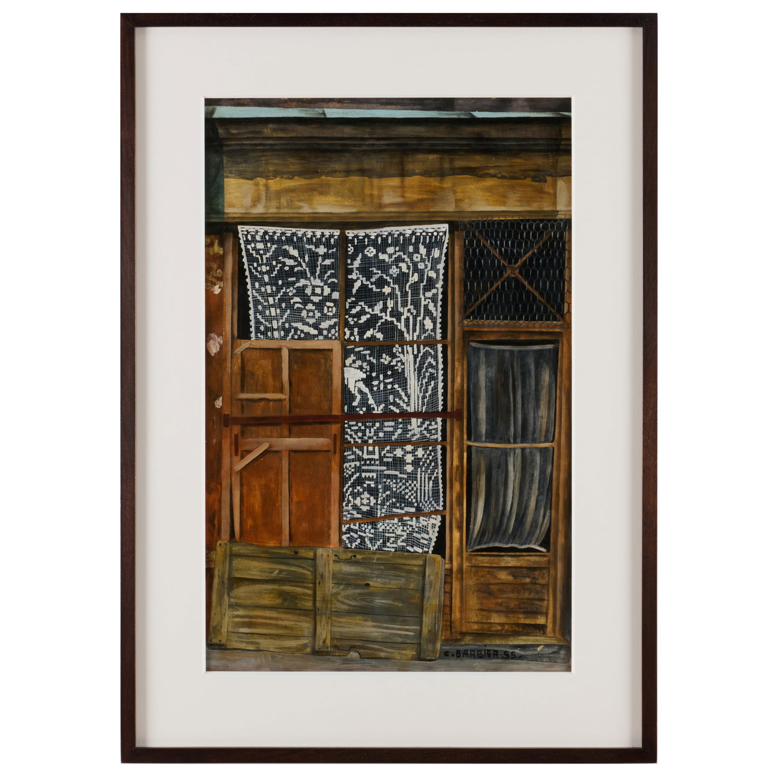 20th Century School: Building Facade: 20th Century School: Building Facade Oil on paper mounted on card, 1955, signed 'C. Barbier' and dated lower right. 19 1/2 x 12 1/2 in. (sheet), 25 x 18 in. (frame). The Collection of Simon Parkes.