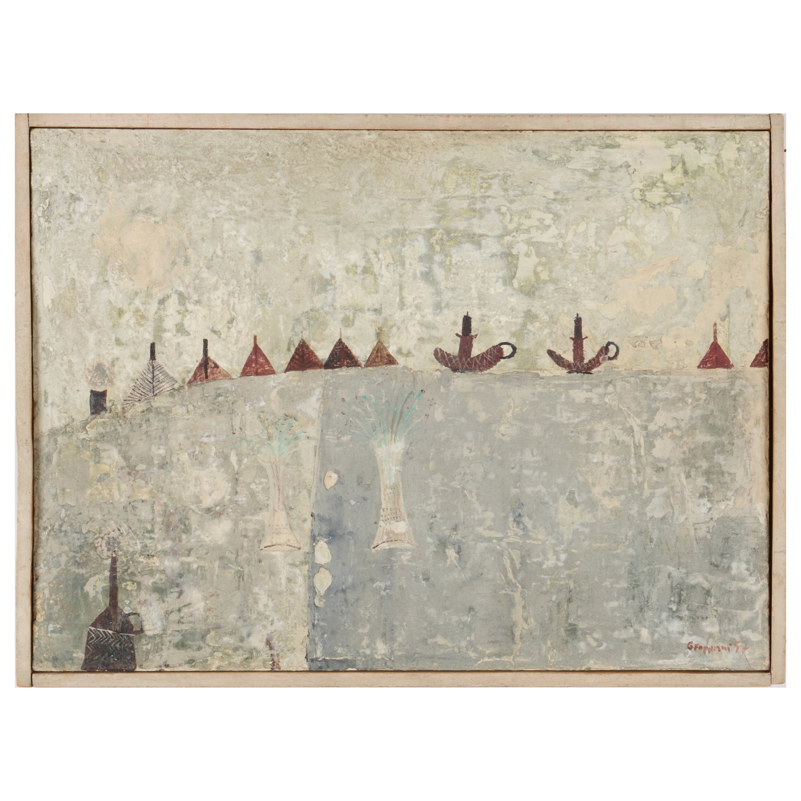 Gustavo Foppiani (1925-1986): Natura morta con lampade, imbuti e vasi di fiori: Gustavo Foppiani (1925-1986): Natura morta con lampade, imbuti e vasi di fiori Oil on board, 1957, signed 'G. Foppiani' and dated lower right, signed, titled and dated on the reverse. 11 1/4 x 15 1/4