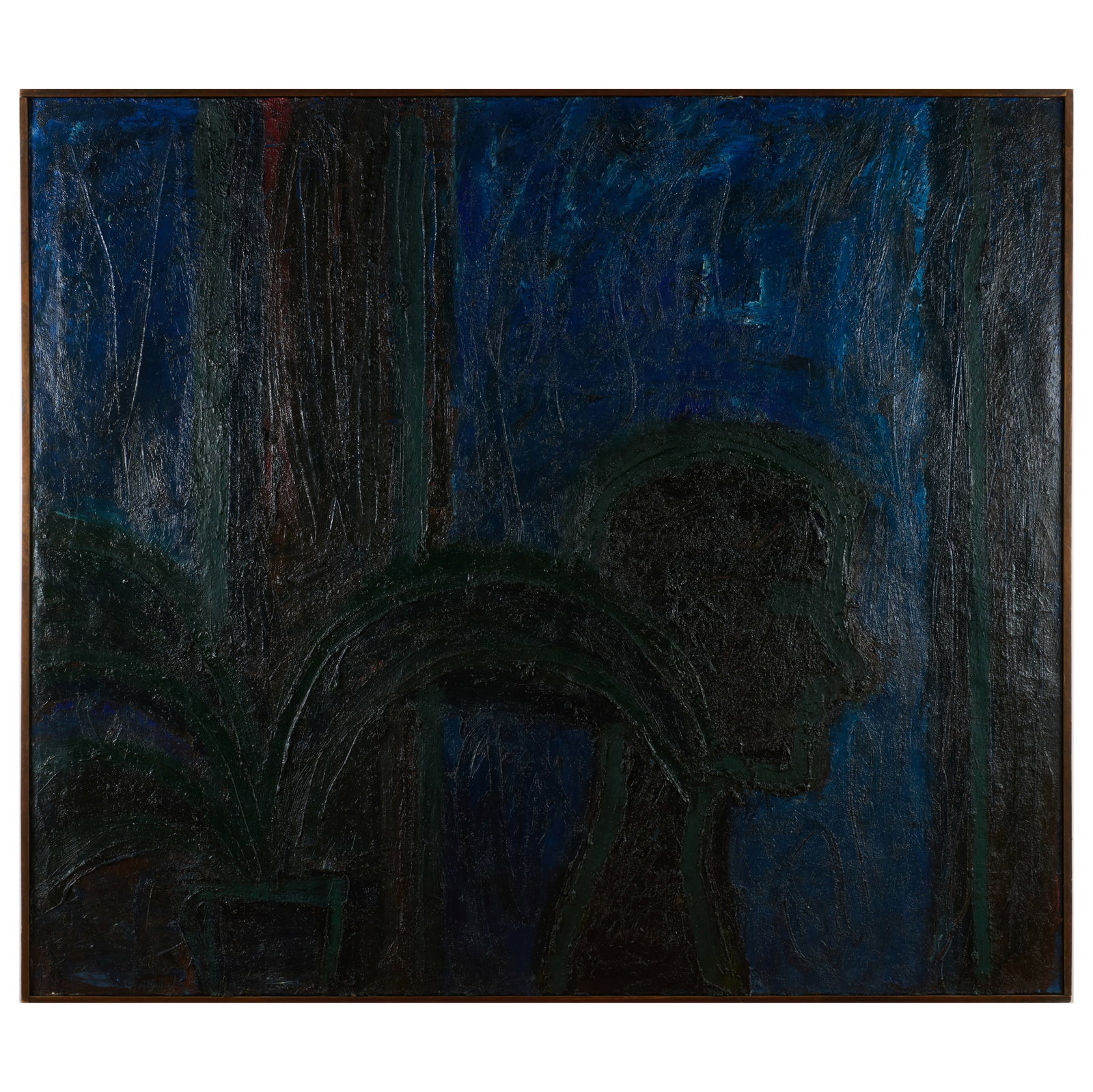 Lester Johnson (1919-2010): Man with Plant (Blue): Lester Johnson (1919-2010): Man with Plant (Blue) Oil on canvas, 1957, unsigned, with partial label from Zabriskie Gallery, NY and Weatherspoon Art Gallery, University of North Carolina, Greensboro. 5