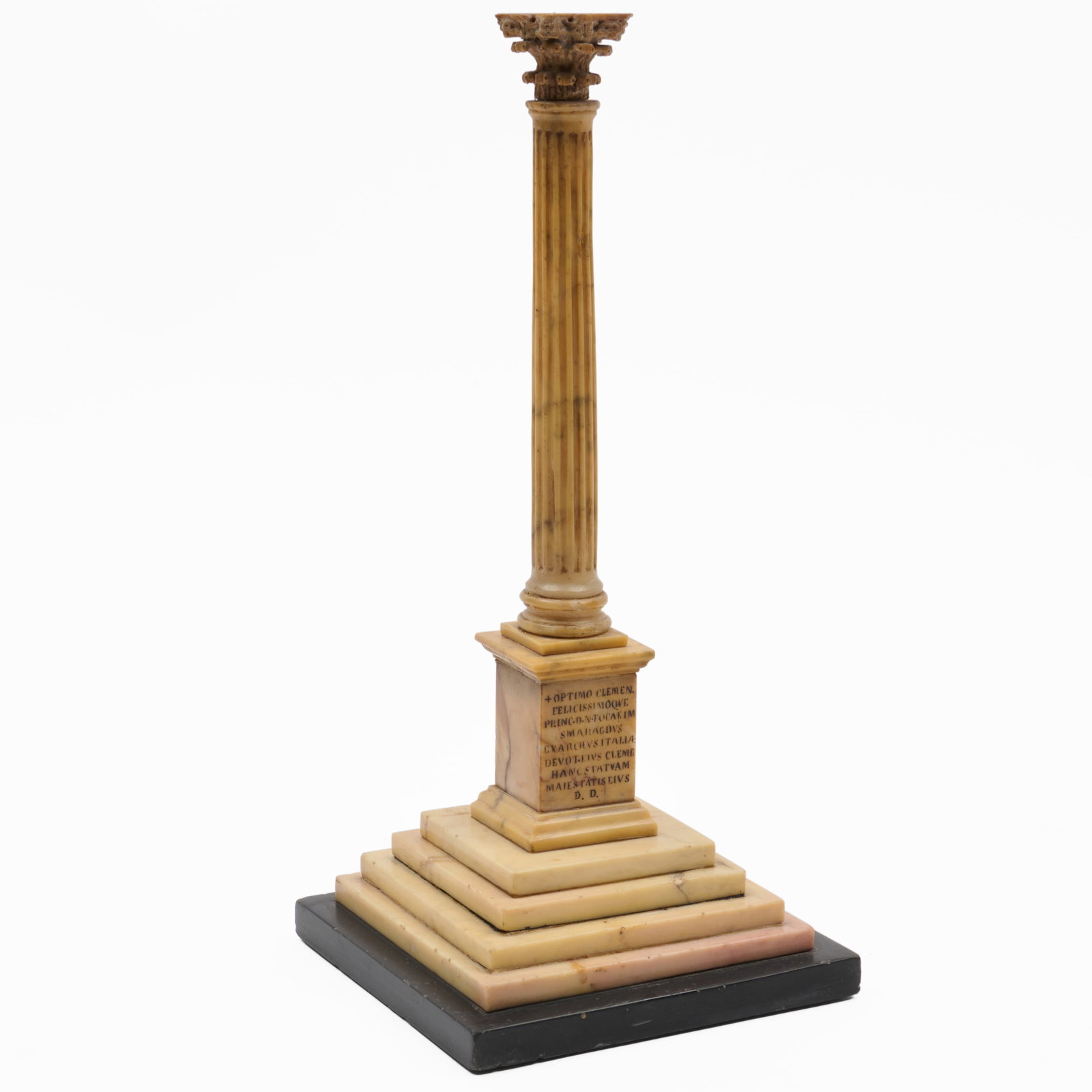 Italian Siena Marble Model Of A Column, Grand Tour: Italian Siena Marble Model Of A Column, Grand Tour Raised on a black marble base and inscribed.12 x 5 1/4 x 5 1/4 in. Property from the Collection of a Distinguished NY Lady, with Interiors by Alex Pa