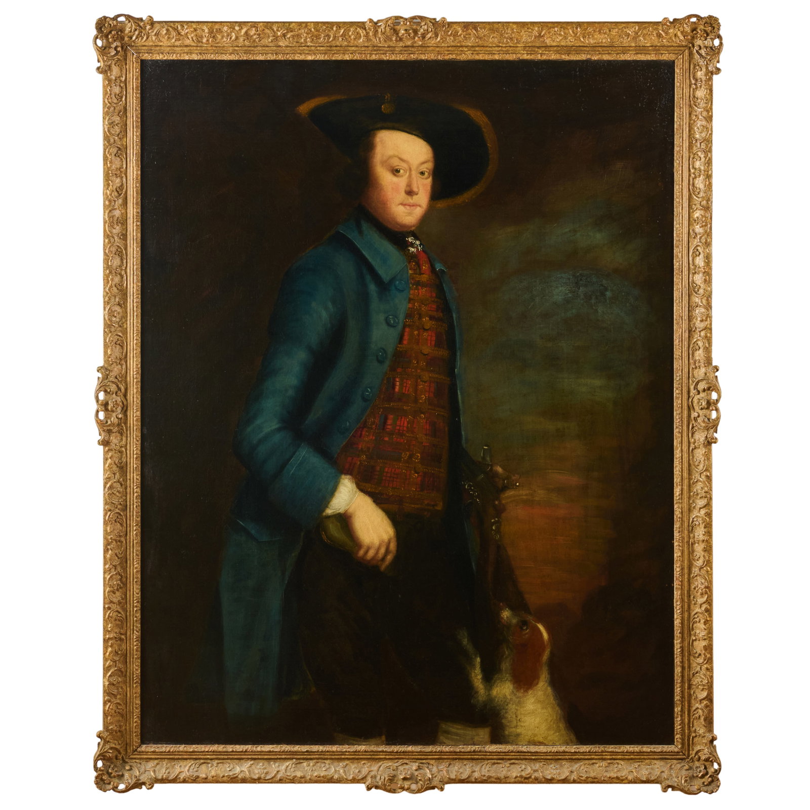 English School: Scottish Hunter And His Dog: English School: Scottish Hunter And His Dog Oil on canvas mounted on Masonite, unsigned. 48 1/2 x 37 3/4 in., 54 x 43 1/2 in. (frame). Property from the Collection of a Distinguished NY Lady, with