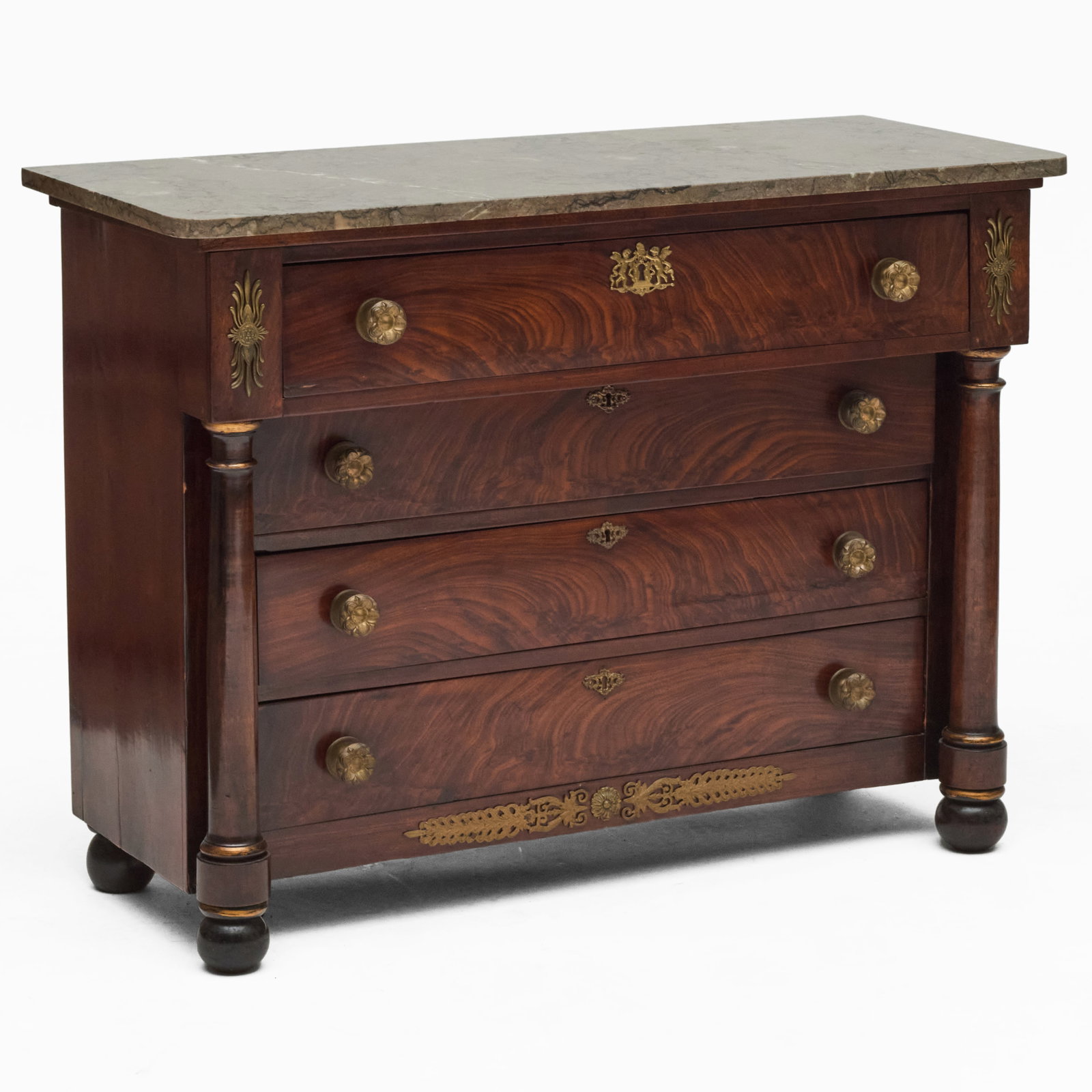 Empire Brass-Mounted Mahogany And Parcel-Gilt Commode With Marble Top: Empire Brass-Mounted Mahogany And Parcel-Gilt Commode With Marble Top 34 3/4 x 46 1/2 x 20 in. Property from the Collection of a Distinguished NY Lady, with Interiors by Alex Papachristidis.