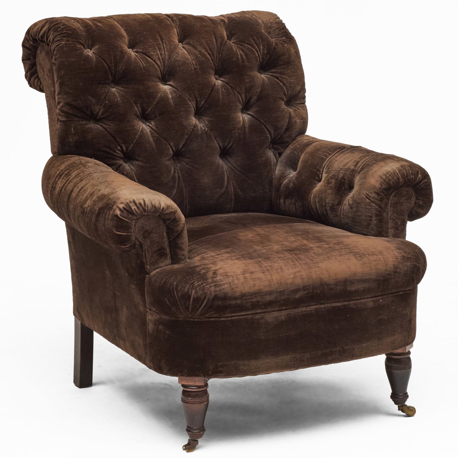 Cowtan And Towt Brown Velvet Tufted Upholstered Club Chair: Cowtan And Towt Brown Velvet Tufted Upholstered Club Chair Raised on casters. 38 1/2 x 38 x 40 in., seat height 17 in. Property from the Collection of a Distinguished NY Lady, with Interiors by Alex P