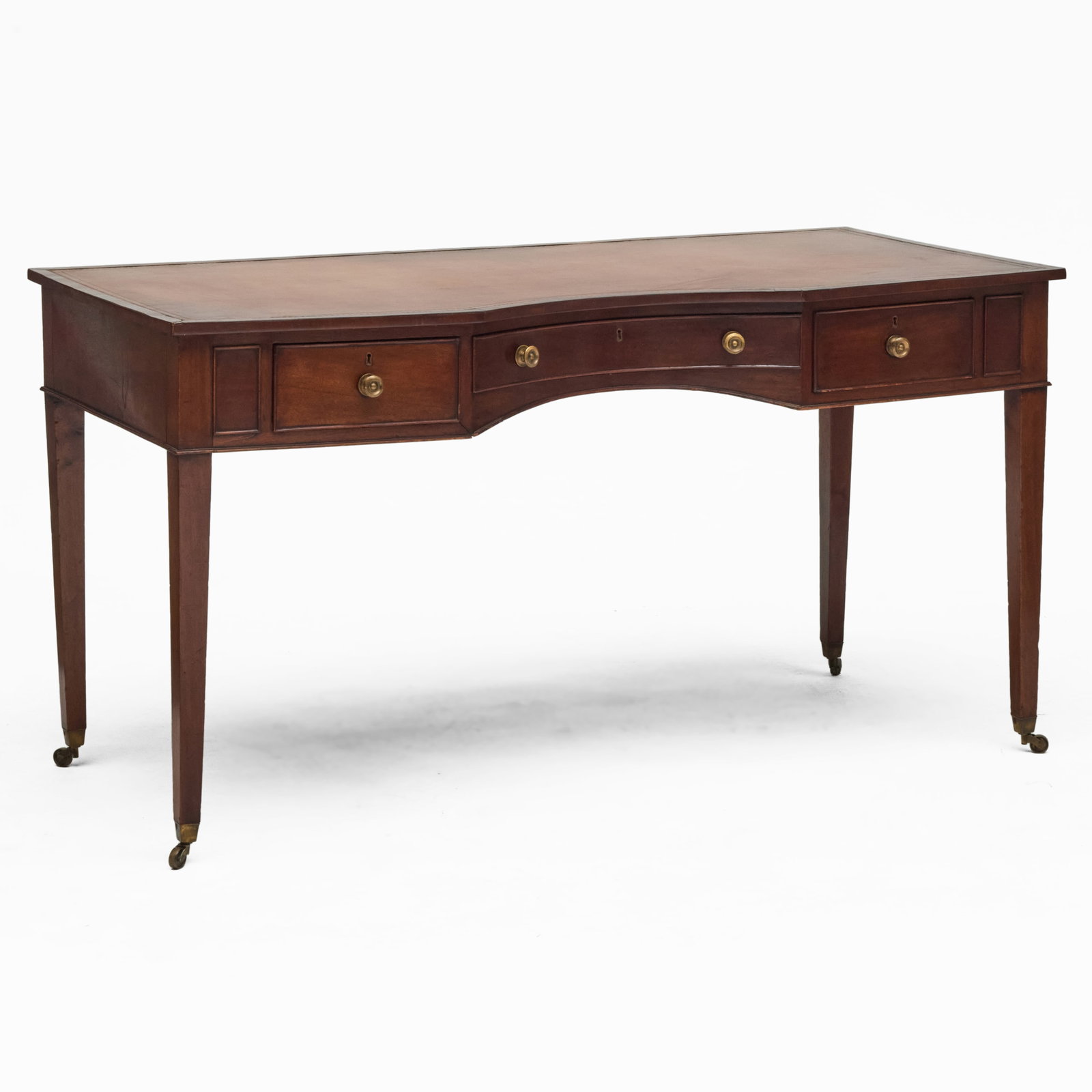 George III Style Mahogany Writing Table: George III Style Mahogany Writing Table Raised on casters and fitted with an inset gilt-tooled leather writing surface. 31 x 4 ft. 10 1/2 x 27 1/4 in. Property from the Collection of a Distinguished N