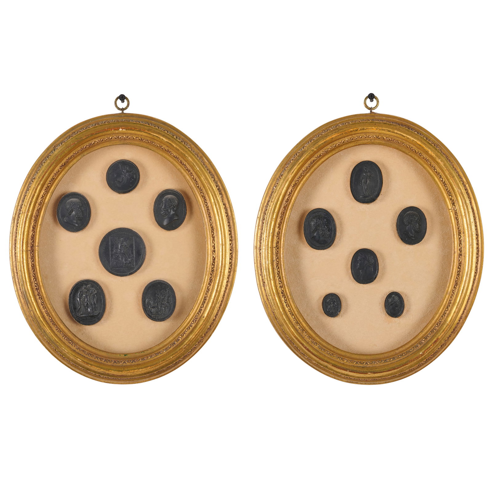 Pair Of Giltwood Framed Ebonized Intaglios: Pair Of Giltwood Framed Ebonized Intaglios Both with paper labels on the reverse, "Borghese".13 x 10 3/4 in., diam. Property from the Collection of a Distinguished NY Lady, with Interiors by Alex