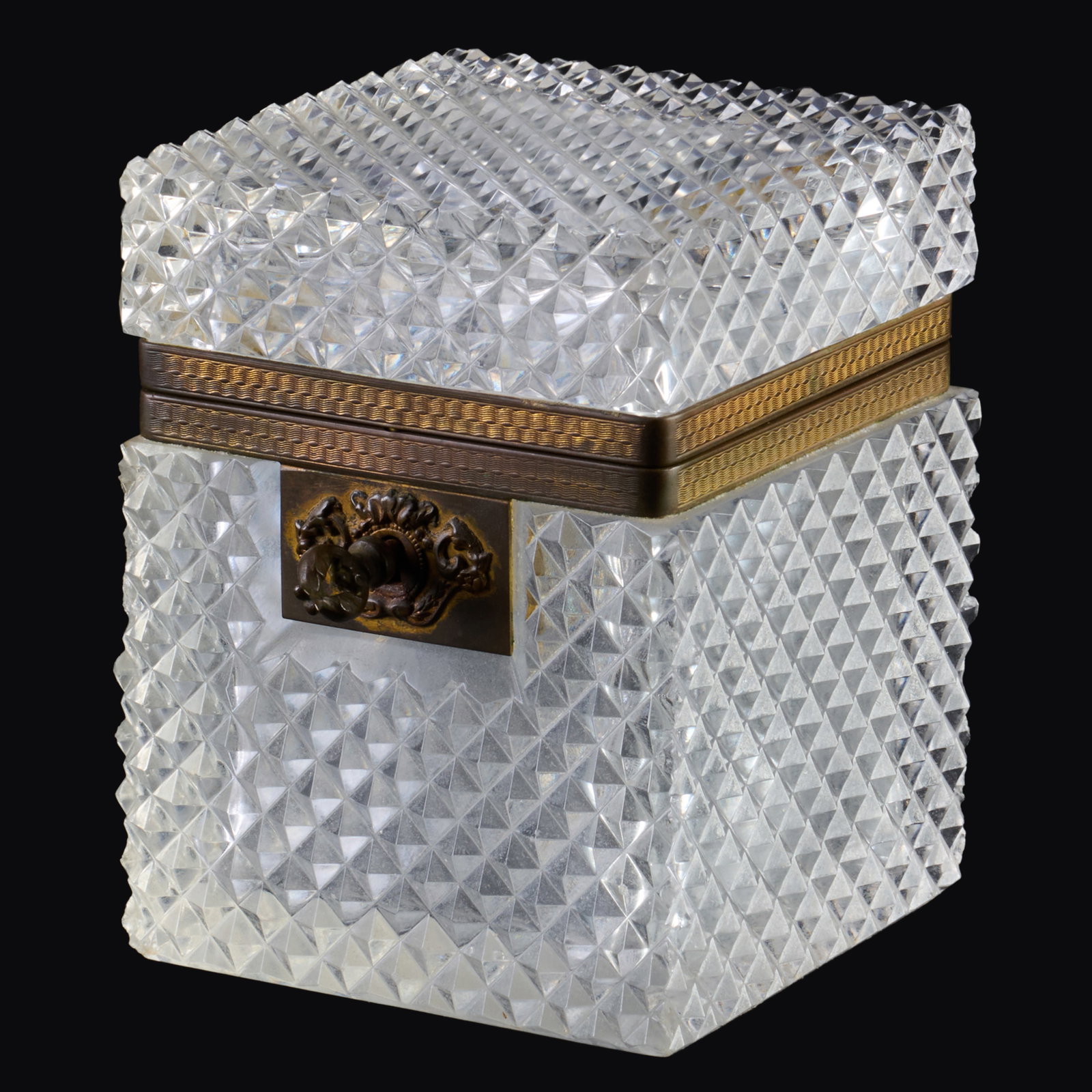 French Cut Glass And Gilt-Bronze-Mounted Box: French Cut Glass And Gilt-Bronze-Mounted Box Fitted with one key.4 1/2 x 3 1/2 x 3 1/2 in. Property from the Collection of a Distinguished NY Lady, with Interiors by Alex Papachristidis.