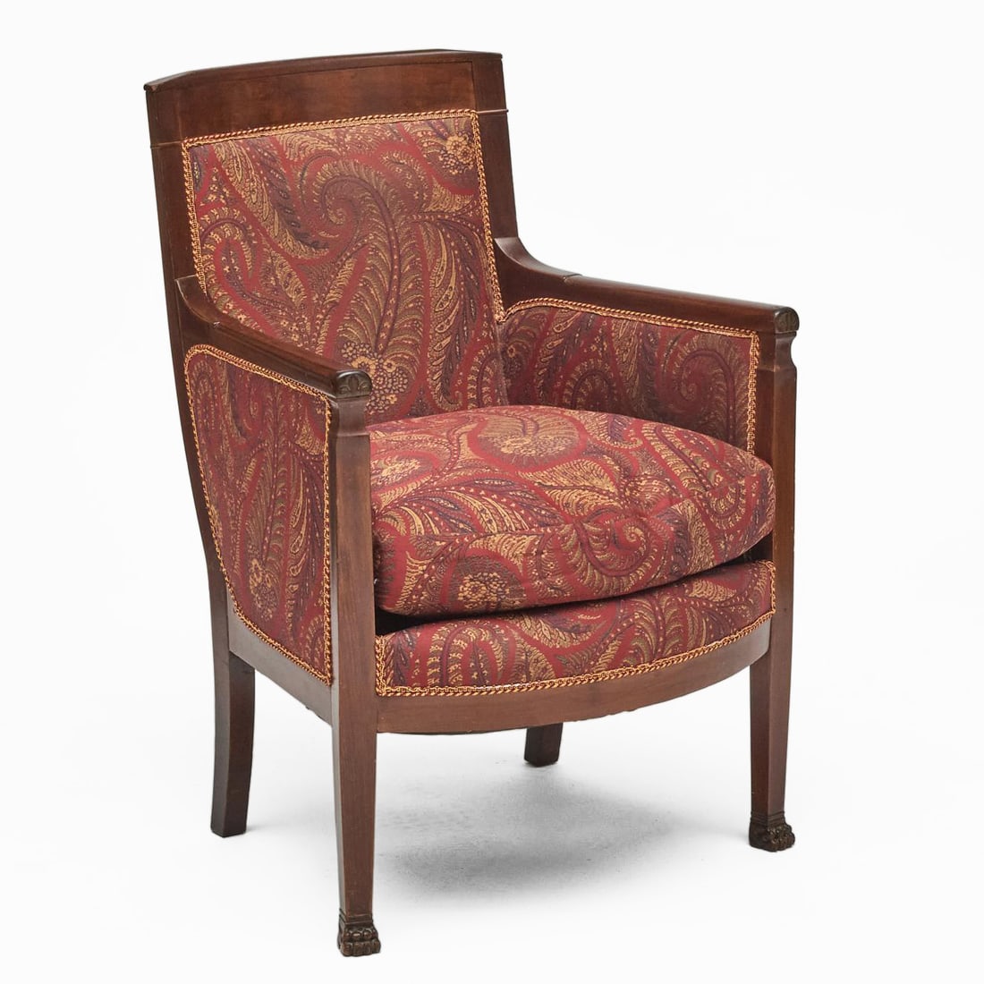 Empire Style Bergere Upholstered In Etro Fabric: Empire Style Bergere Upholstered In Etro Fabric 37 1/2 x 25 x 25 in., seat height 18 in. Property from the Collection of a Distinguished NY Lady, with Interiors by Alex Papachristidis.