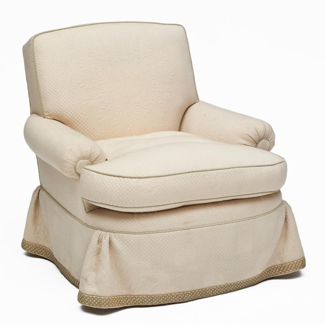 Pierre Frey Matelasse Upholstered Armchair: Pierre Frey Matelasse Upholstered Armchair 32 3/4 x 34 x 36 in., seat height 17 in. Property from the Collection of a Distinguished NY Lady, with Interiors by Alex Papachristidis.