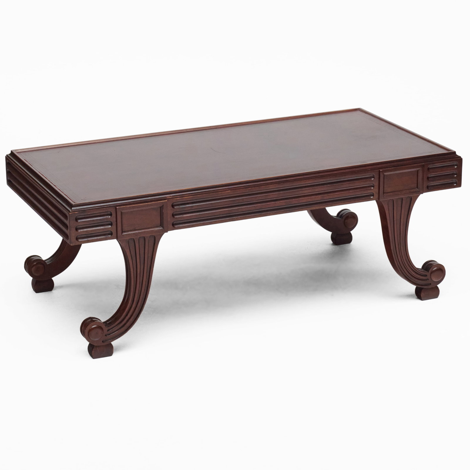 Regency Style Low Table By Frederick P. Victoria: Regency Style Low Table By Frederick P. Victoria Fitted with an inset tooled leather top. 16 1/2 x 44 1/2 x 23 in. Property from the Collection of a Distinguished NY Lady, with Interiors by Alex Papac