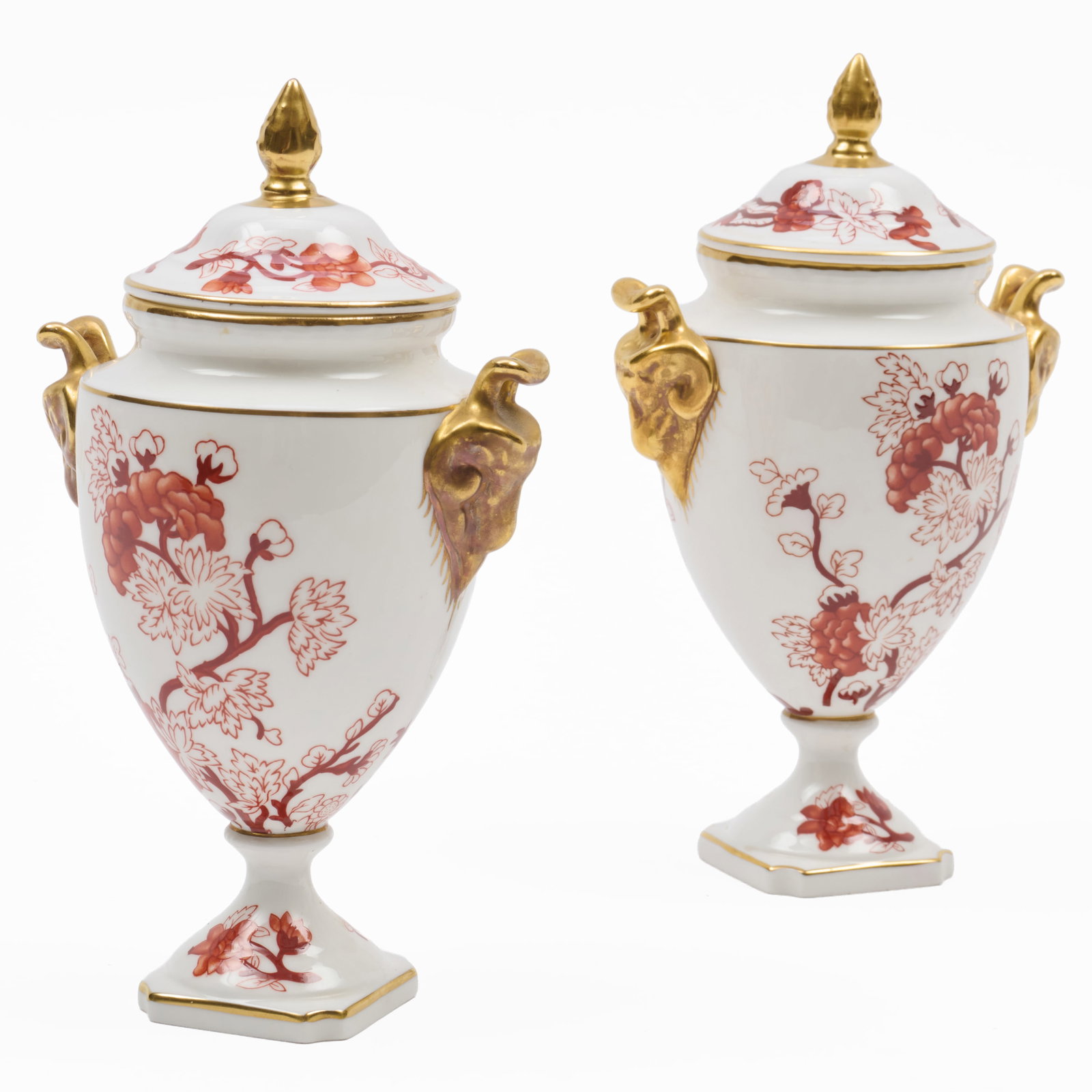Pair Of Iron Red And Gilt Coalport Urns And Covers In The 'Indian Tree Coral' Pattern: Pair Of Iron Red And Gilt Coalport Urns And Covers In The 'Indian Tree Coral' Pattern Red printed marks.7 1/2 x 4 1/2 x 3 1/2 in. Property from the Collection of a Distinguished NY Lady, with Interior