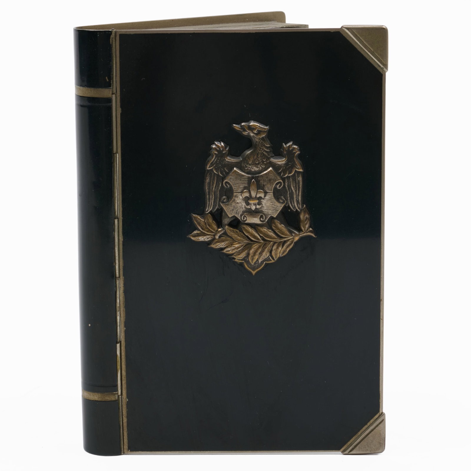 Japanese Export Black Lacquer And Silver Metal Book Form Cigarette Case: Japanese Export Black Lacquer And Silver Metal Book Form Cigarette Case Character mark.6 1/4 x 4 1/4 x 1 in. Property from the Collection of a Distinguished NY Lady, with Interiors by Alex Papachristi