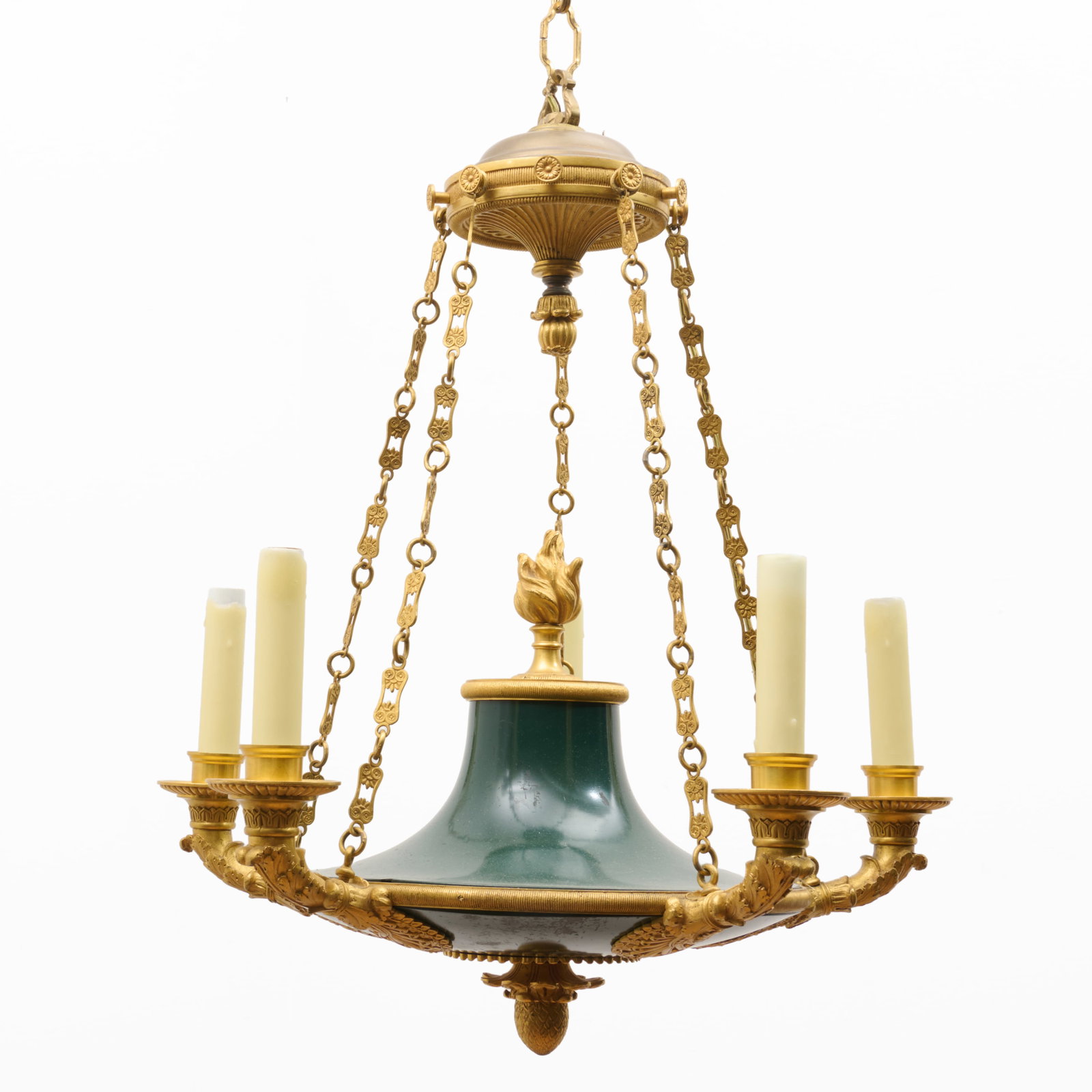 Empire Style Gilt-Bronze And Green Painted Five Light Chandelier: Empire Style Gilt-Bronze And Green Painted Five Light Chandelier Approximately 23 x 21 in. diam. Property from the Collection of a Distinguished NY Lady, with Interiors by Alex Papachristidis.