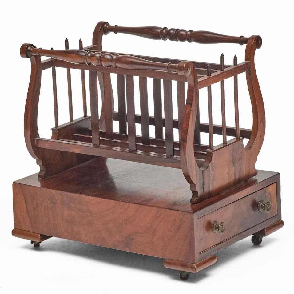 Victorian Rosewood Lyre Form Canterbury: Victorian Rosewood Lyre Form Canterbury Raised on casters and fitted with one drawer. 17 1/2 x 18 1/2 x 14 in. Property from the Collection of a Distinguished NY Lady, with Interiors by Alex Papachris