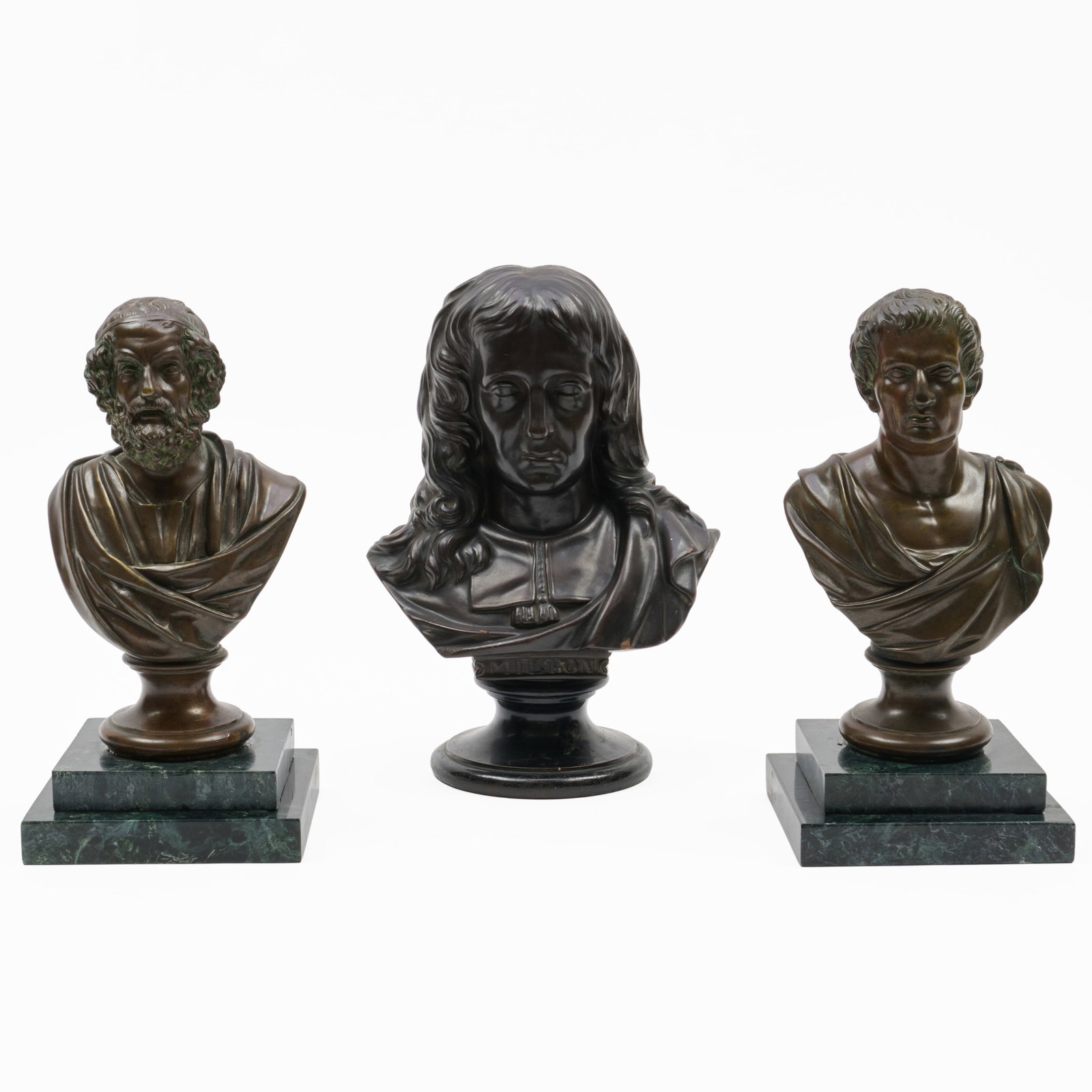 Bronze Bust Of Homer, After The Antique And Possibly The Duke Of Wellington, And A German Patinated: Bronze Bust Of Homer, After The Antique And Possibly The Duke Of Wellington, And A German Patinated Terracotta Bust Of Milton The Milton bust signed R. II. 1871, deponirt., 11 14 x 8 x 5 3/4 in.The Ho