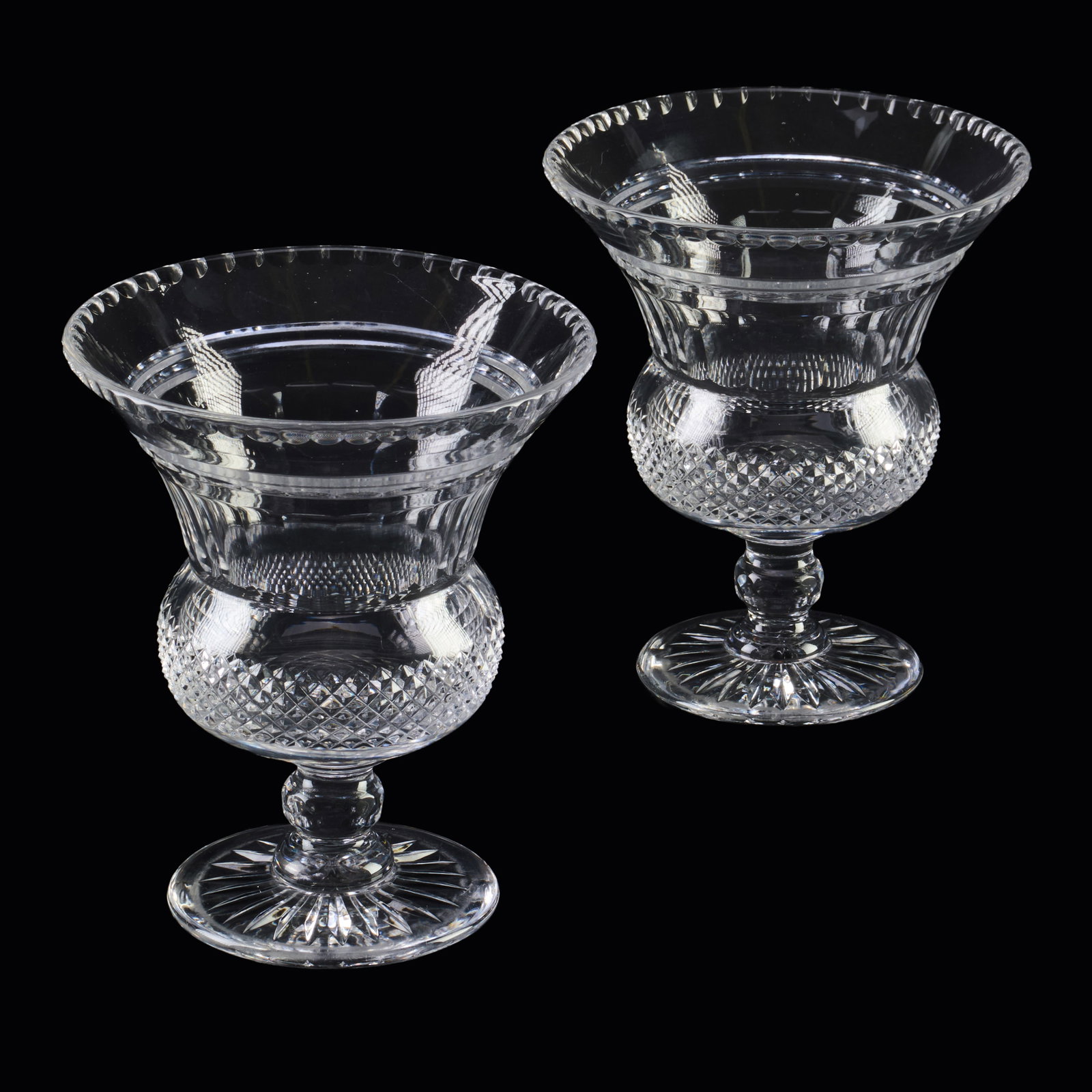 Pair Of Victorian Cut Glass Urns: Pair Of Victorian Cut Glass Urns 7 3/4 x 6 3/4 in. diam. Property from the Collection of a Distinguished NY Lady, with Interiors by Alex Papachristidis.