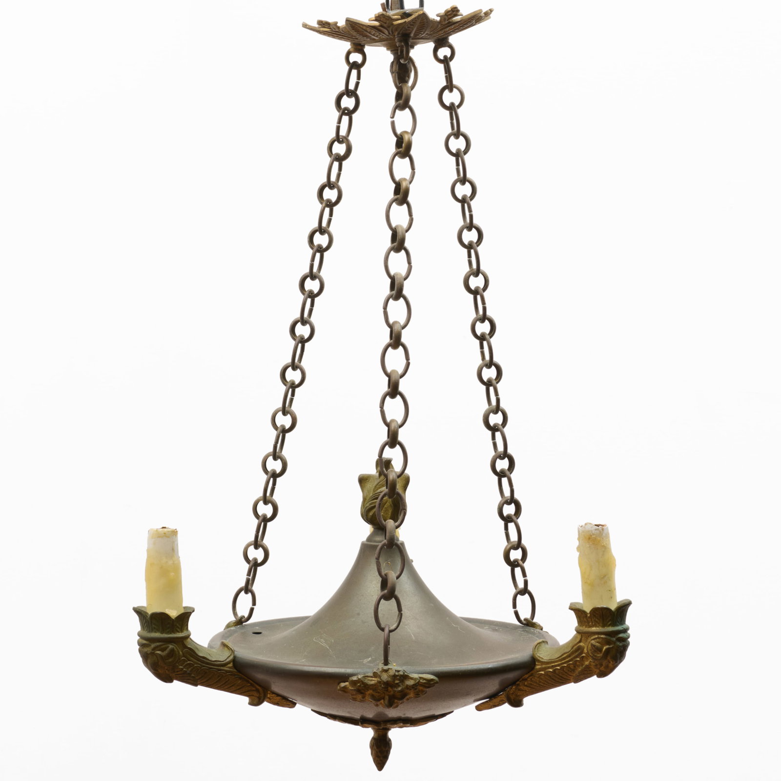 Empire Style Gilt And Patinated-Metal Four Light Chandelier: Empire Style Gilt And Patinated-Metal Four Light Chandelier 25 x 14 in. diam. Property from the Collection of a Distinguished NY Lady, with Interiors by Alex Papachristidis.