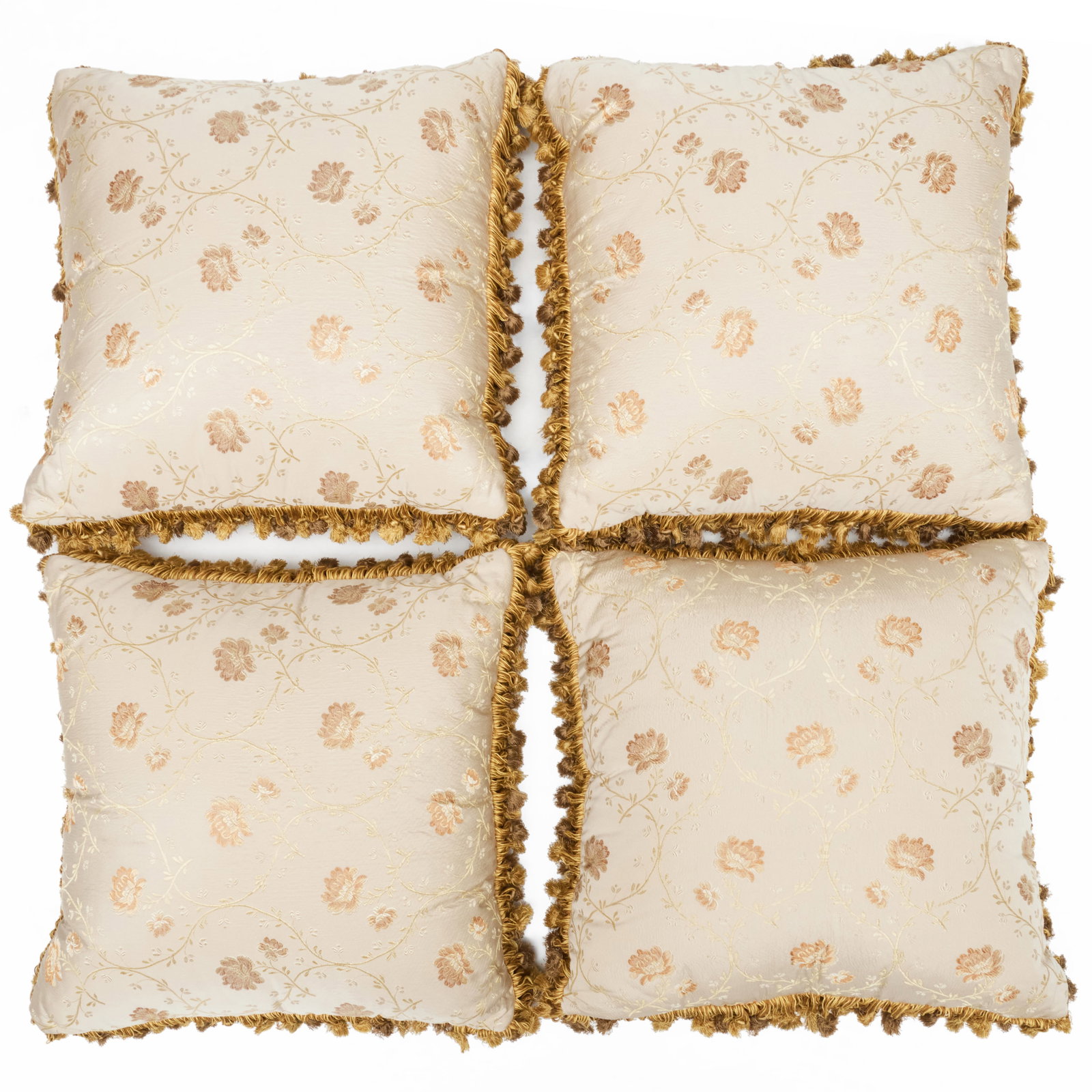 Group Of Four Cream Embroidered Pillows With Tasseled Fringe: Group Of Four Cream Embroidered Pillows With Tasseled Fringe 20 x 20 in. Property from the Collection of a Distinguished NY Lady, with Interiors by Alex Papachristidis.