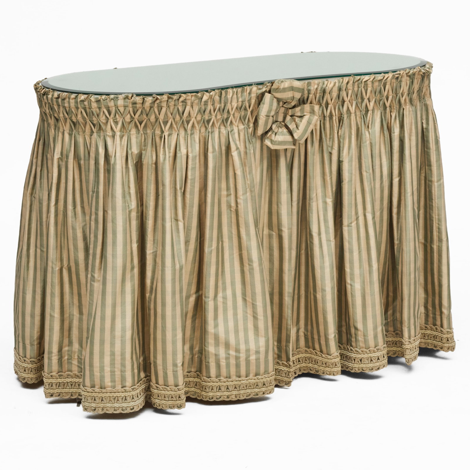 Modern Upholstered Dressing Table With Beveled Mirror Top: Modern Upholstered Dressing Table With Beveled Mirror Top Fitted with seven drawers. Marked Minic Custom Woodwork, New York, New York.30 1/4 x 43 x 22 in. Property from the Collection of a Distinguish