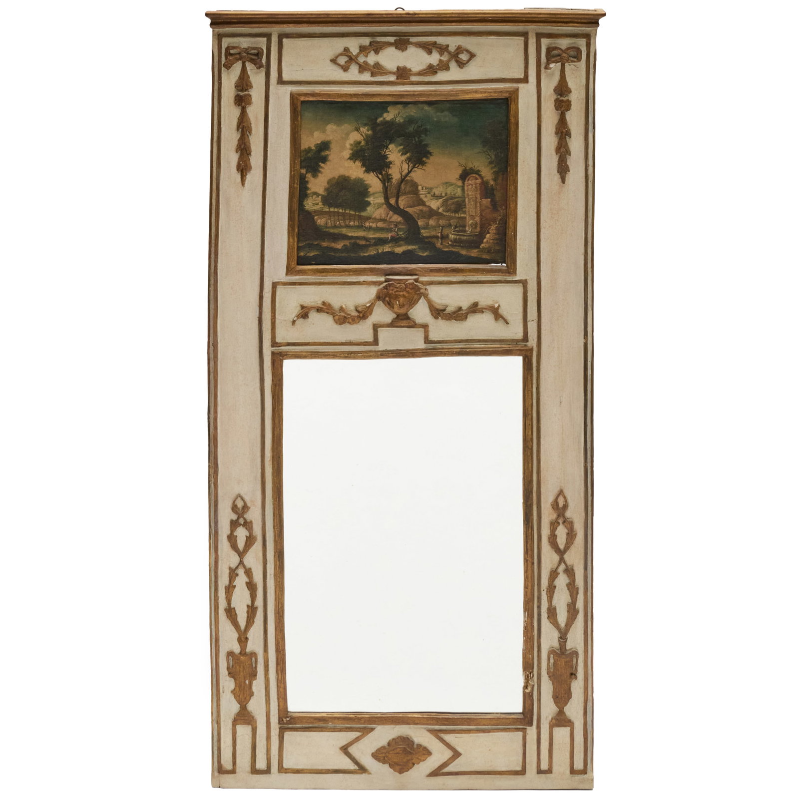 French Provincial Cream Painted And Parcel-Gilt Trumeau Mirror: French Provincial Cream Painted And Parcel-Gilt Trumeau Mirror 5 ft. 6 x 34 in.