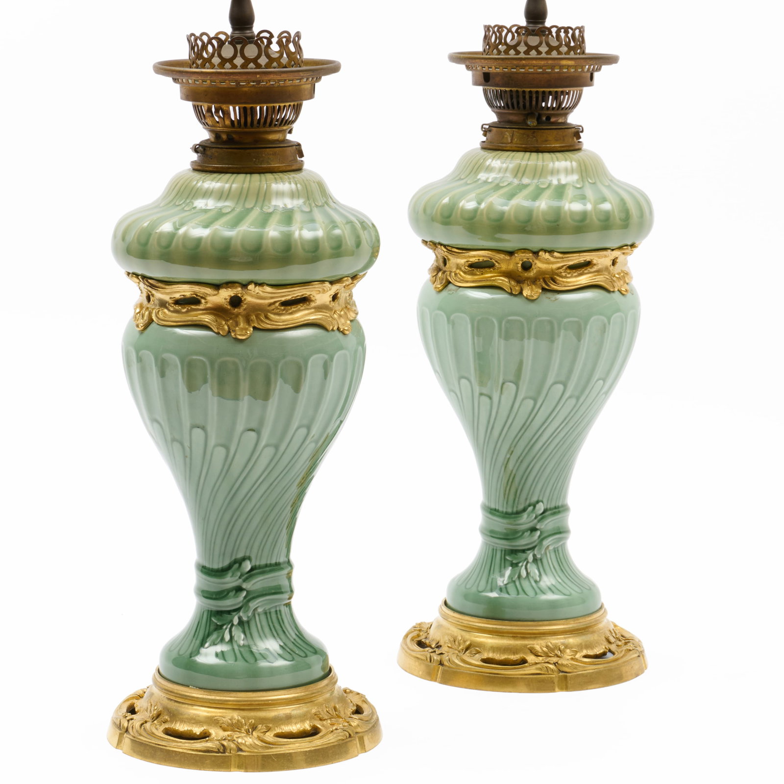 Pair Of Theodore Deck Ormolu Mounted Celadon Porcelain Lamps: Pair Of Theodore Deck Ormolu Mounted Celadon Porcelain Lamps Porcelain stamped 'TH Deck'; lamp fixture stamped 'Hinks and Son's'.20 1/2 x 6 5/8 diam. (overall, to socket).