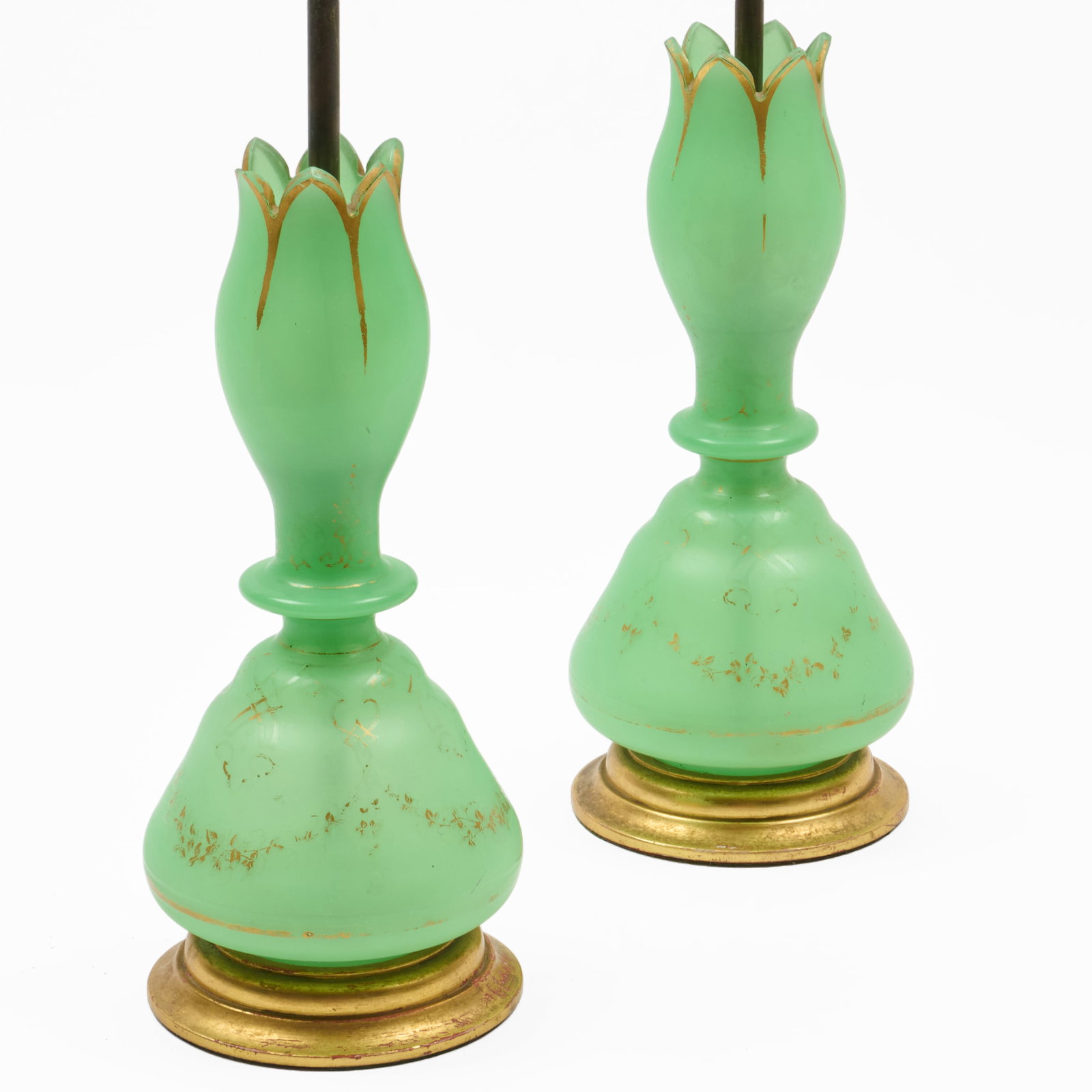 Pair Of Green Opaline And Parcel-Gilt Lamps: Pair Of Green Opaline And Parcel-Gilt Lamps 24 1/4 x 6 in. diam., overall.
