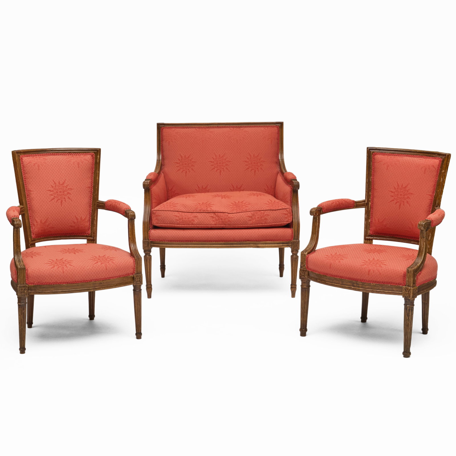 Pair Of Louis XVI Beechwood Fauteuils En Cabriolet: Pair Of Louis XVI Beechwood Fauteuils En Cabriolet Together with a later settee.The fauteuils 33 x 23 1/4 x 22 in, seat height 15 in.The settee 35 x 33 x 24 in., seat height 17 1/2 in.