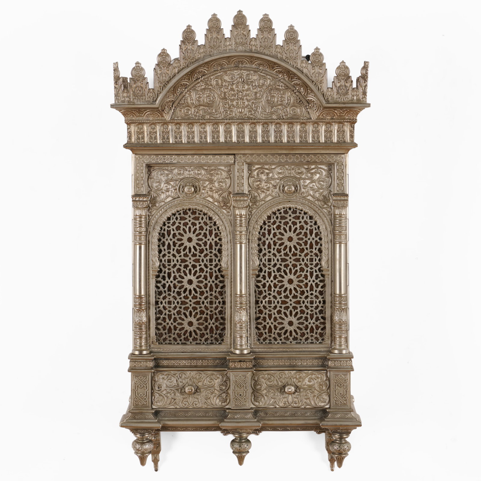 Silvered Metal Alhambra Style Cabinet: Silvered Metal Alhambra Style Cabinet Fitted with interior shelves.27 x 13 3/4 x 7 1/2 in.