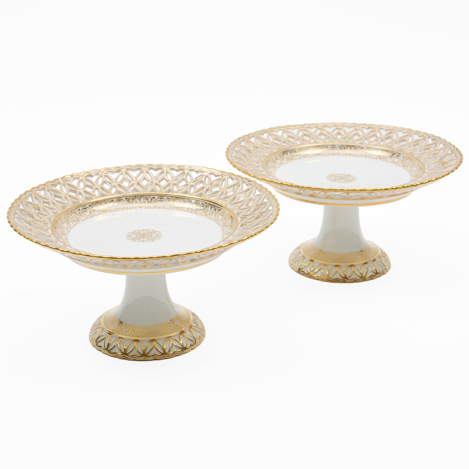 Pair Of Edouard Honore Reticulated Gilt Porcelain Compotes: Pair Of Edouard Honore Reticulated Gilt Porcelain Compotes Red printed marks.4 3/4 x 8 3/4 in. diam.