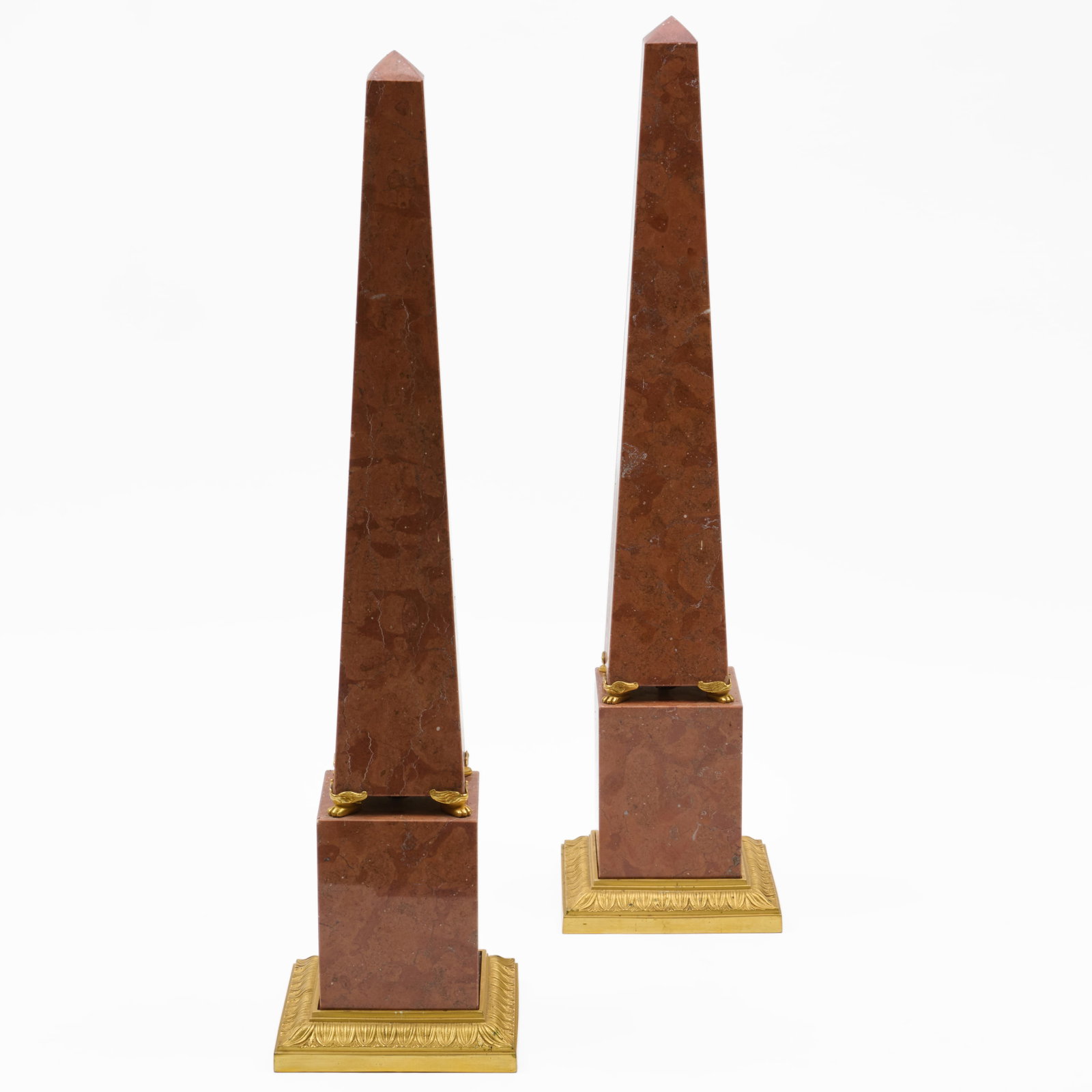 Pair Of Continental Neoclassical Style Gilt-Bronze-Mounted Red Marble Obelisks: Pair Of Continental Neoclassical Style Gilt-Bronze-Mounted Red Marble Obelisks 23 1/2 x 6 x.6 in.