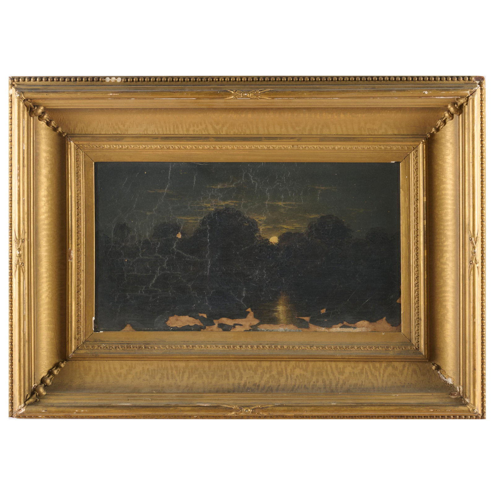 American School: Moonlit Landscape: American School: Moonlit Landscape Oil on canvas, 1866, signed 'Ja. Hamilton' and dated on the reverse, with label from Alexander Gallery, NY. 10 x 18 in., 19 1/2 x 27 1/2 in. (frame).