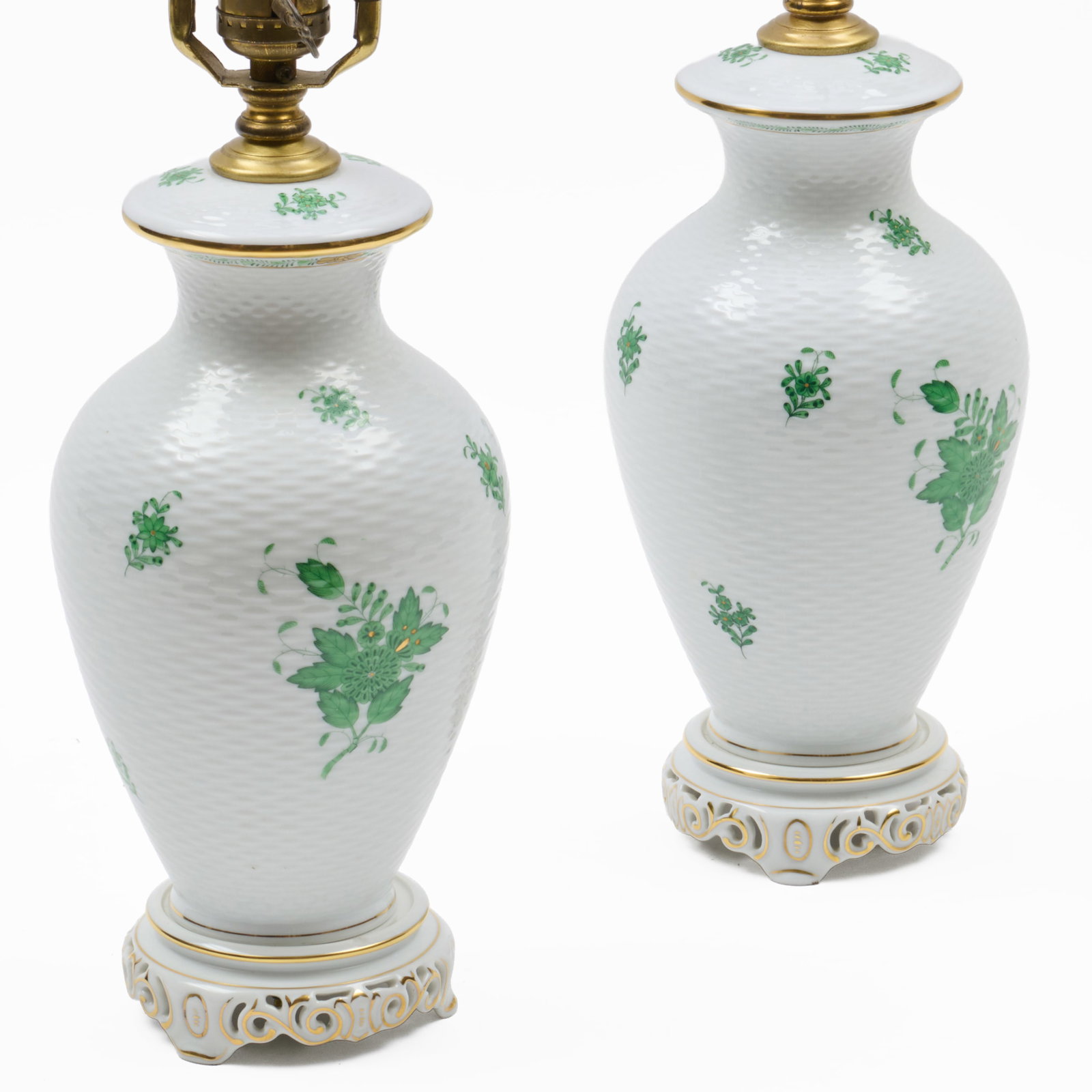 Pair Of Herend Porcelain Lamps In Green 'Chinese Bouquet' Pattern: Pair Of Herend Porcelain Lamps In Green 'Chinese Bouquet' Pattern Blue printed marks. 11 x 5 1/2 in. diam., 14 3/4 x 5 1/2 in. diam. (overall, to socket).