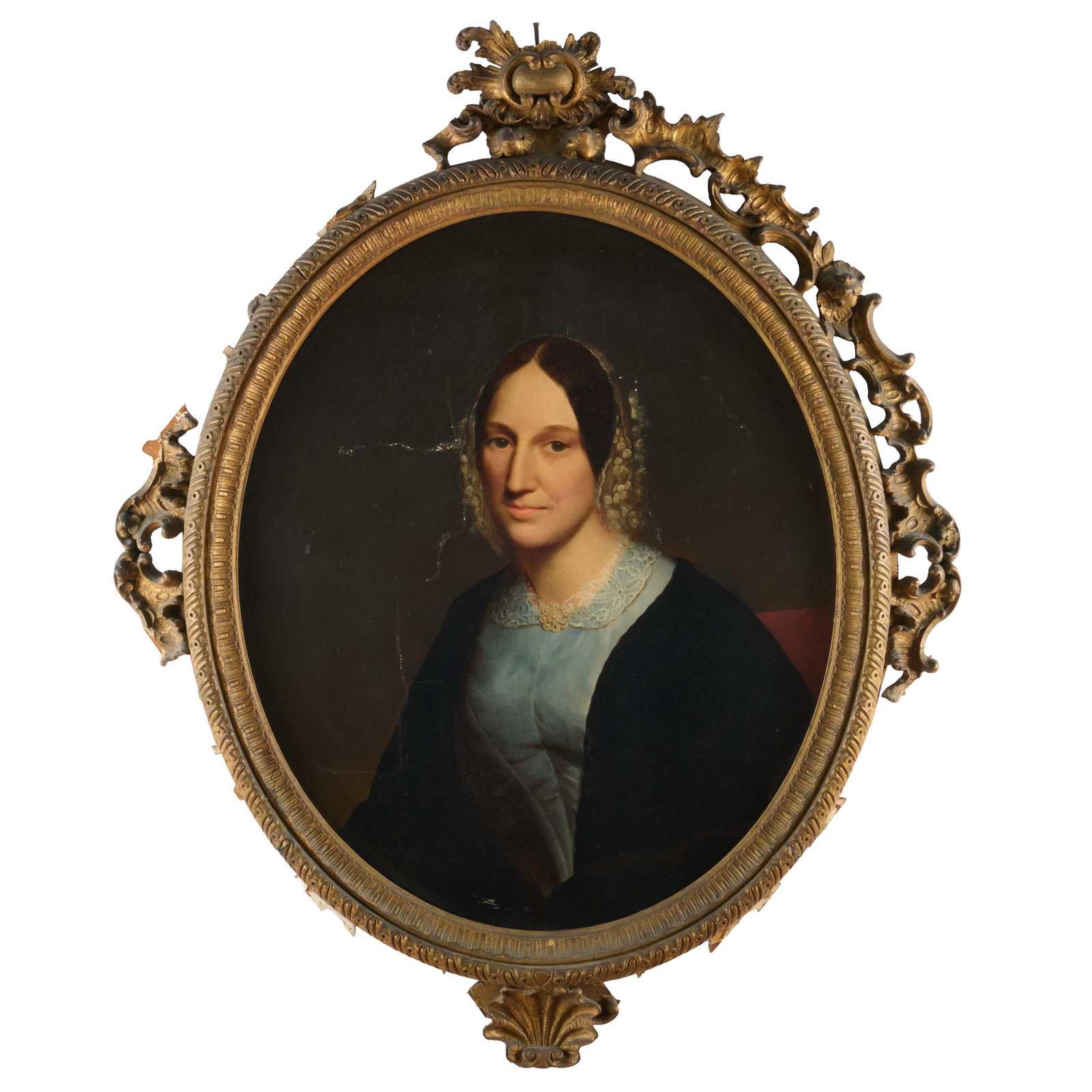American School: Portrait Of A Woman In A Lace Bonnet: American School: Portrait Of A Woman In A Lace Bonnet Oil on canvas, unsigned, lined. 30 x 25 in. (oval), 43 x 35 in. (frame) (oval).