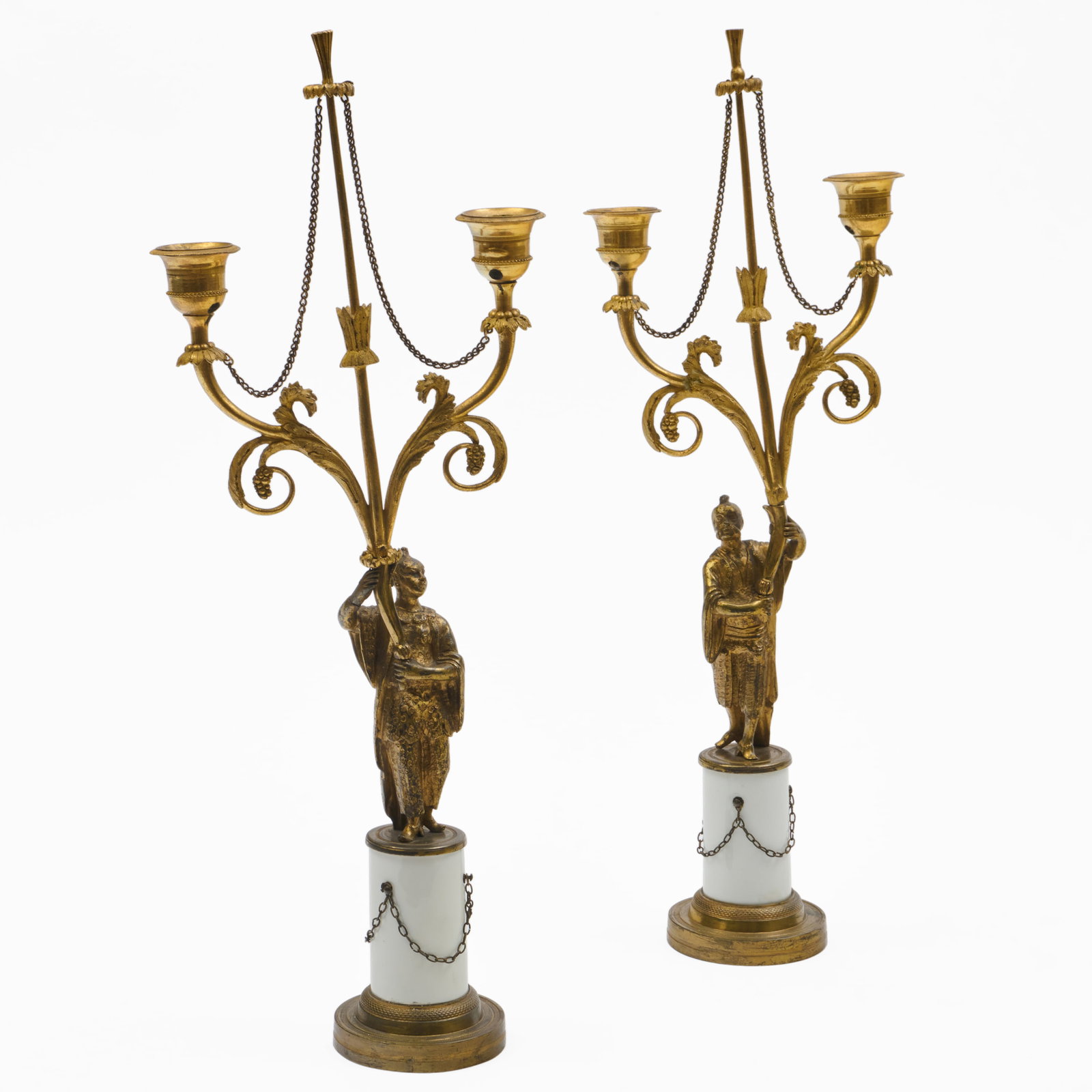 Pair Of Louis XVI Style Gilt-Bronze And White Enamel Two-Branch Figural Candelabra: Pair Of Louis XVI Style Gilt-Bronze And White Enamel Two-Branch Figural Candelabra 18 1/4 x 6 1/2 x 3 in. diam., the tallest.