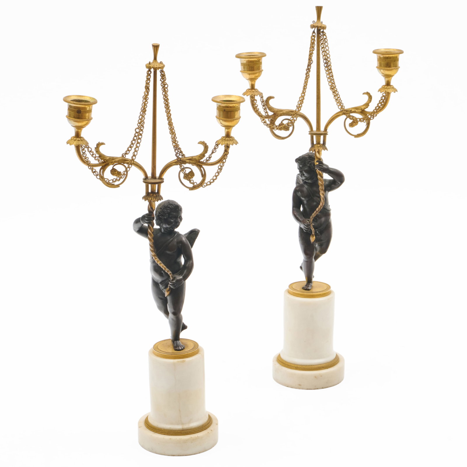 Pair Of Louis XVI Style Gilt-Bronze-Mounted Marble And Patinated-Bronze Figural Candelabra (1 of 8)