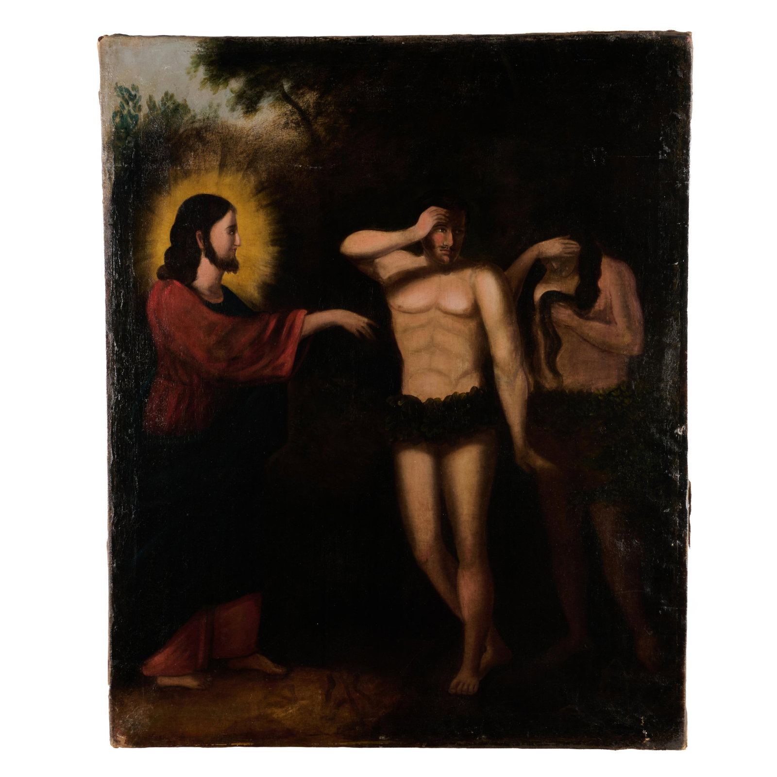 American School: Adam & Eve: American School: Adam & Eve Oil on canvas, unsigned, with label from Alexander Gallery, NY. 35 1/2 x 29 in., unframed.