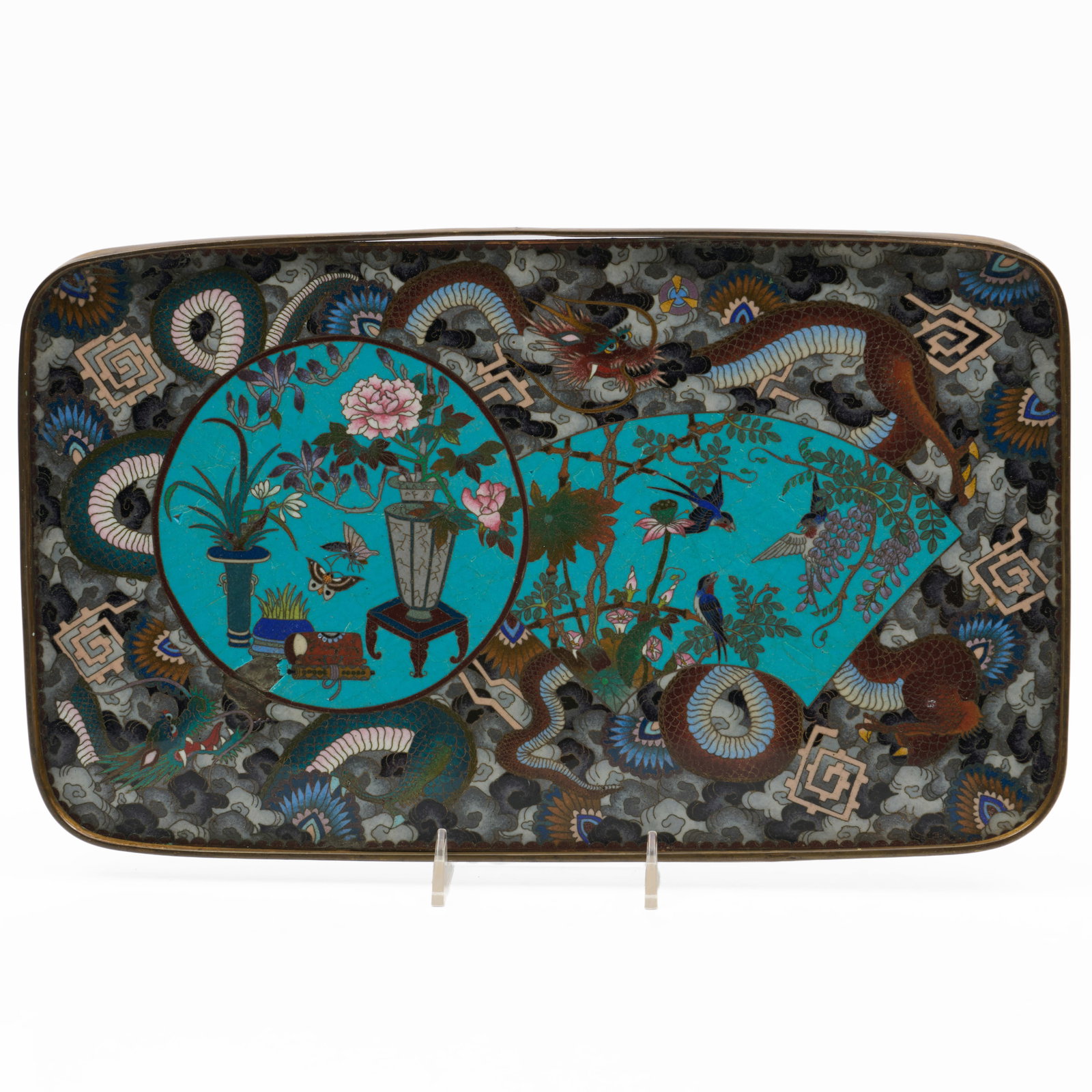 Japanese Cloisonne Tray With Dragons, Birds And Scholar'S Objects (1 of 7)