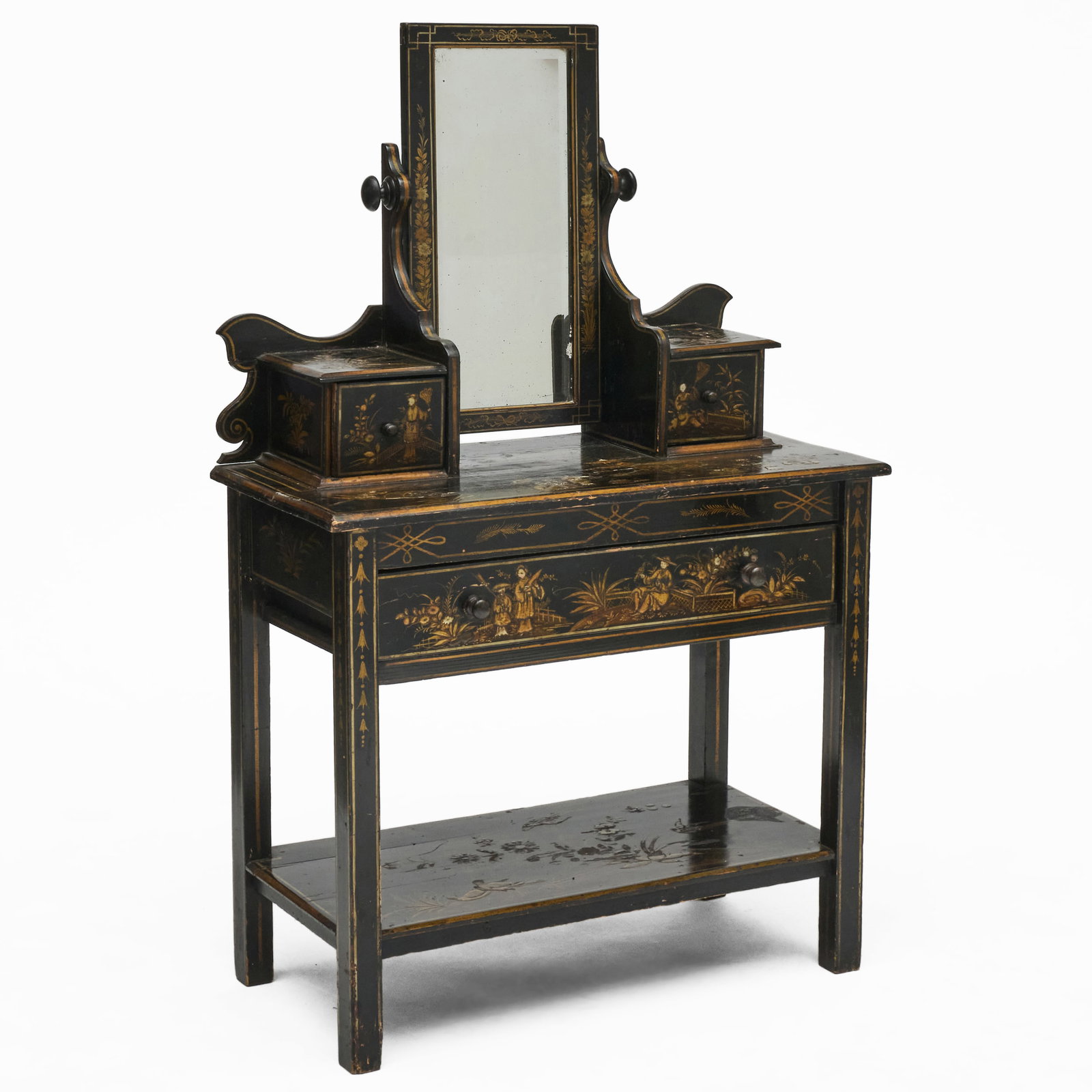 Edwardian Black Lacquer And Parcel-Gilt Chinoiserie Decorated Dressing Table: Edwardian Black Lacquer And Parcel-Gilt Chinoiserie Decorated Dressing Table 4 ft. 8 1/2 in. x 36 x 17 3/4 in. Collection of Charlotte Moss, New York.