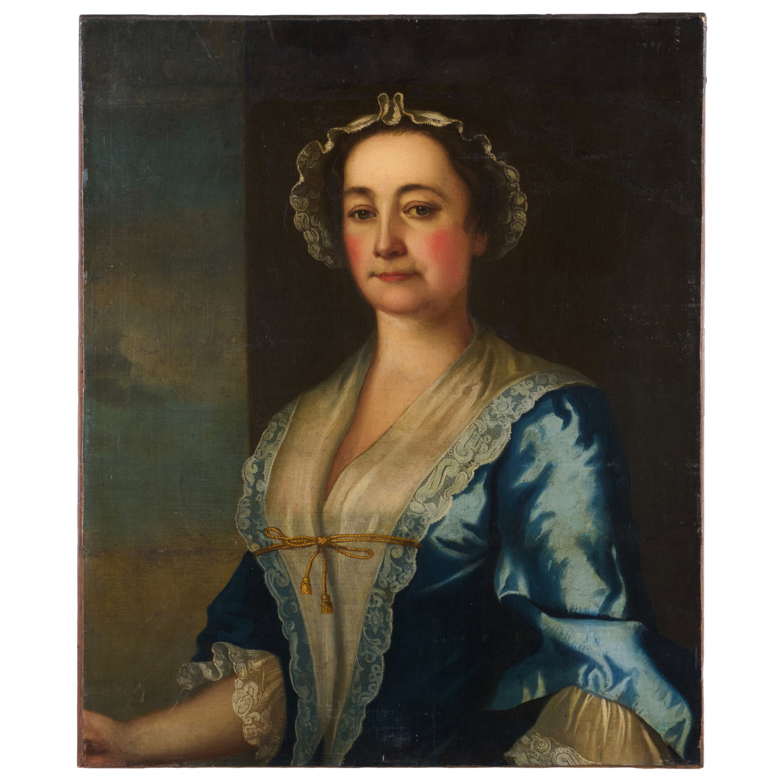 English School: Portrait Of A Woman In A Blue Dress: English School: Portrait Of A Woman In A Blue Dress Oil on canvas, unsigned, with a letter adhered to the reverse, lined. 30 x 25 in., unframed.