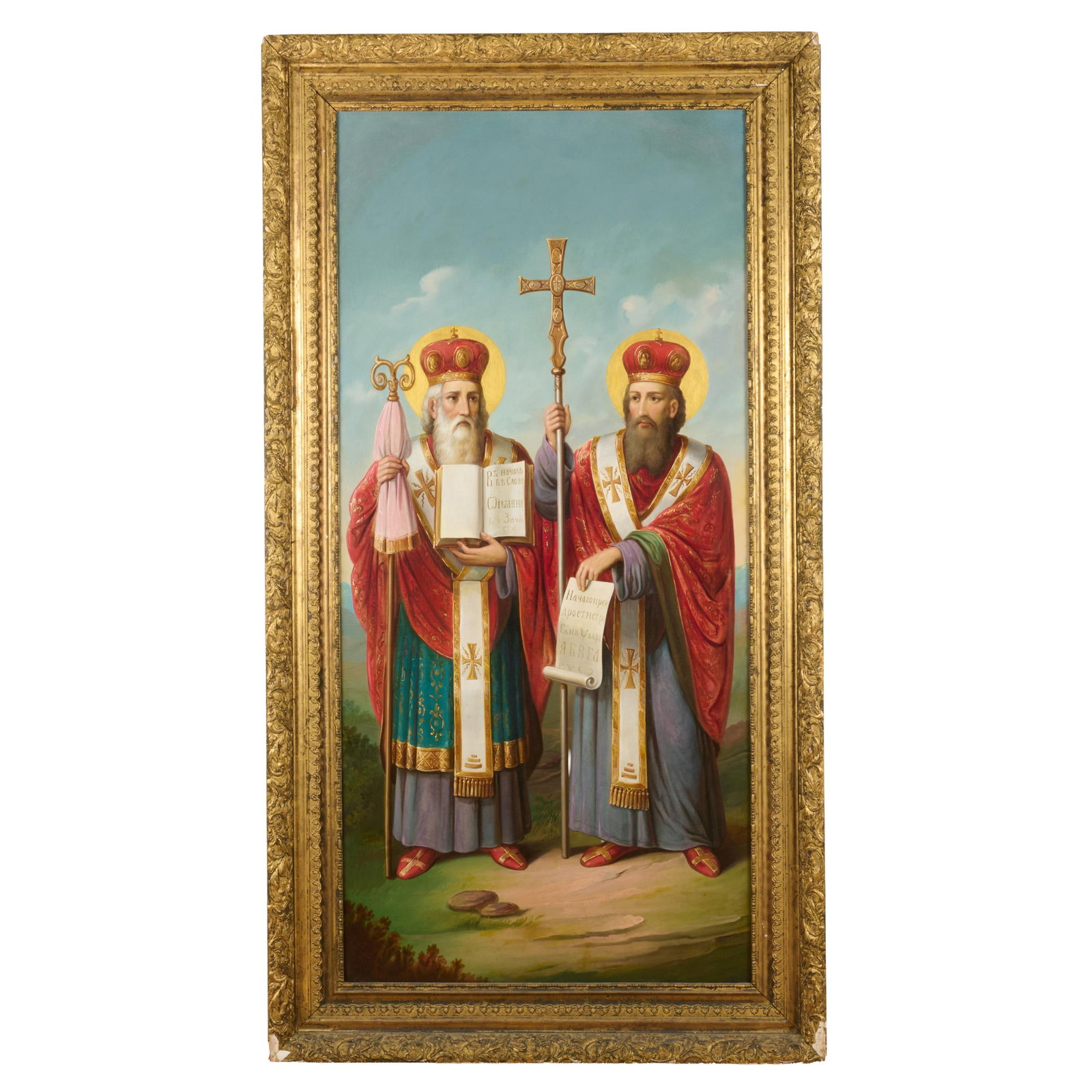 Eastern European School: Saints Cyril And Methodius: Eastern European School: Saints Cyril And Methodius Oil on canvas, unsigned, lined. 59 x 28 in., 68 x 37 in. (frame).