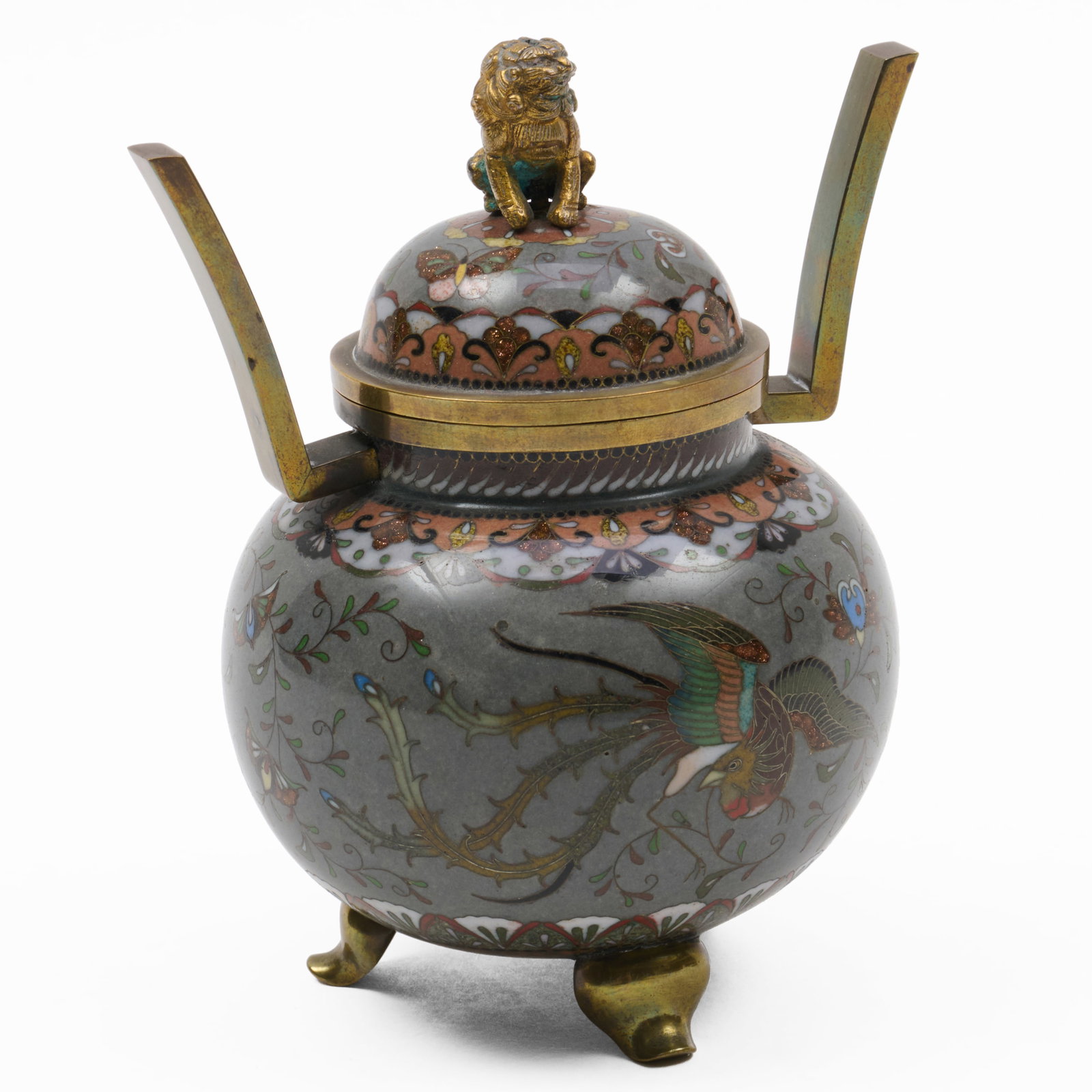 Japanese Cloisonne Censer And Cover With Phoenix: Japanese Cloisonne Censer And Cover With Phoenix 4 3/4 x 4 x 3 in.