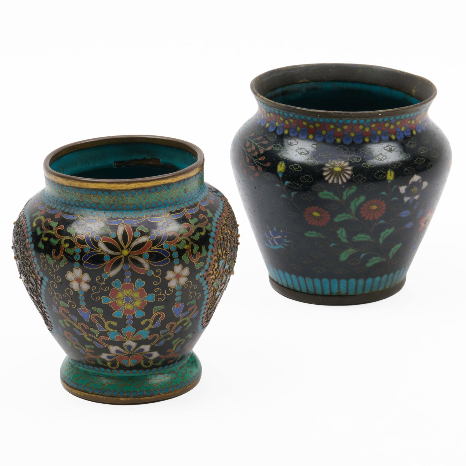 Two Japanese Cloisonne Vessels: Two Japanese Cloisonne Vessels The larger 3 1/4 x 3 1/4 in. diam.