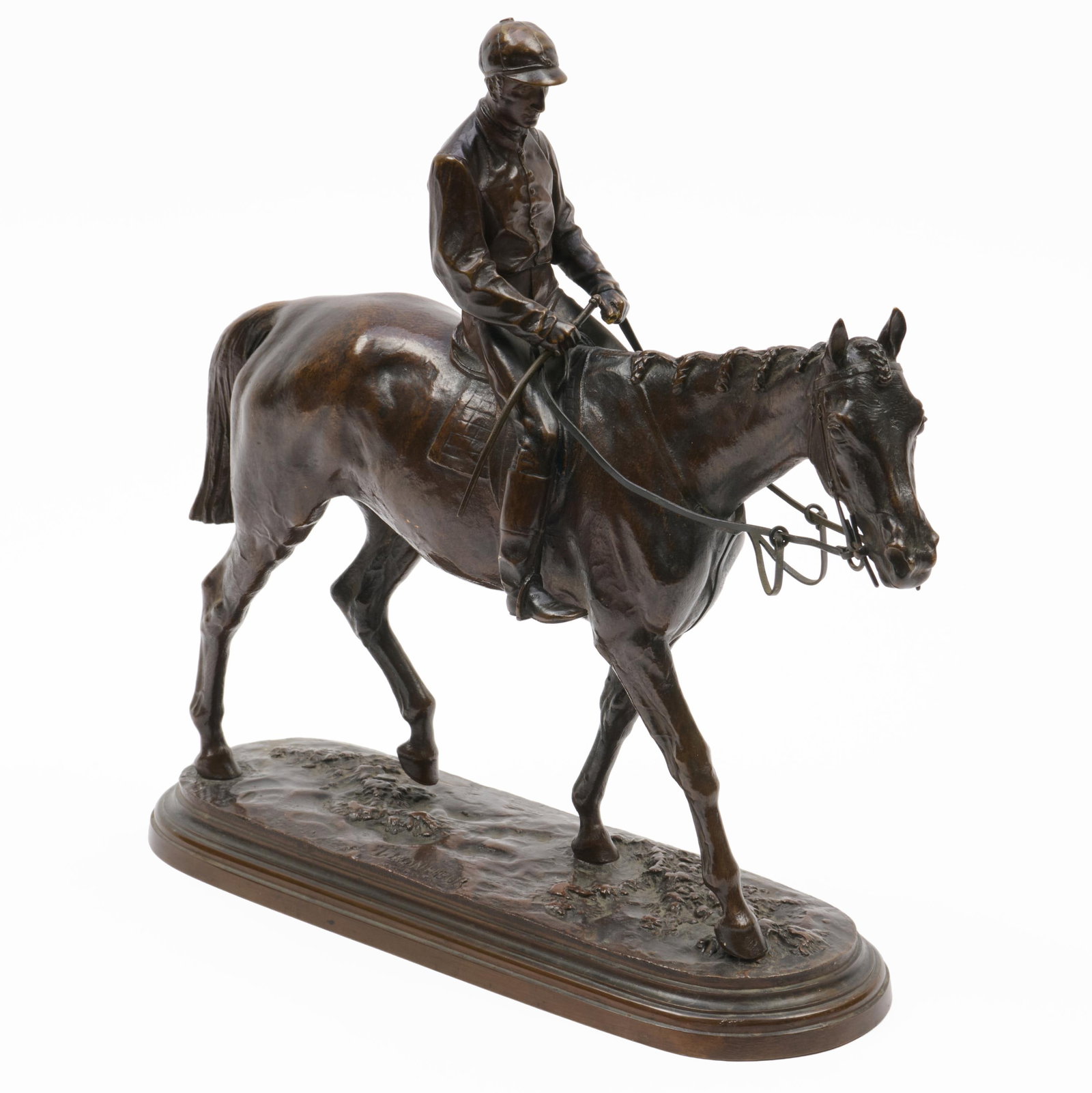 After Isidore Bonheur (1827-1901): Horse And Jockey: After Isidore Bonheur (1827-1901): Horse And Jockey Bronze, c. 1874, date of cast unknown, signed 'I. Bonheur' at bottom, with the Peyrol foundry mark on the reverse. 10 3/4 x 12 x 4 in.