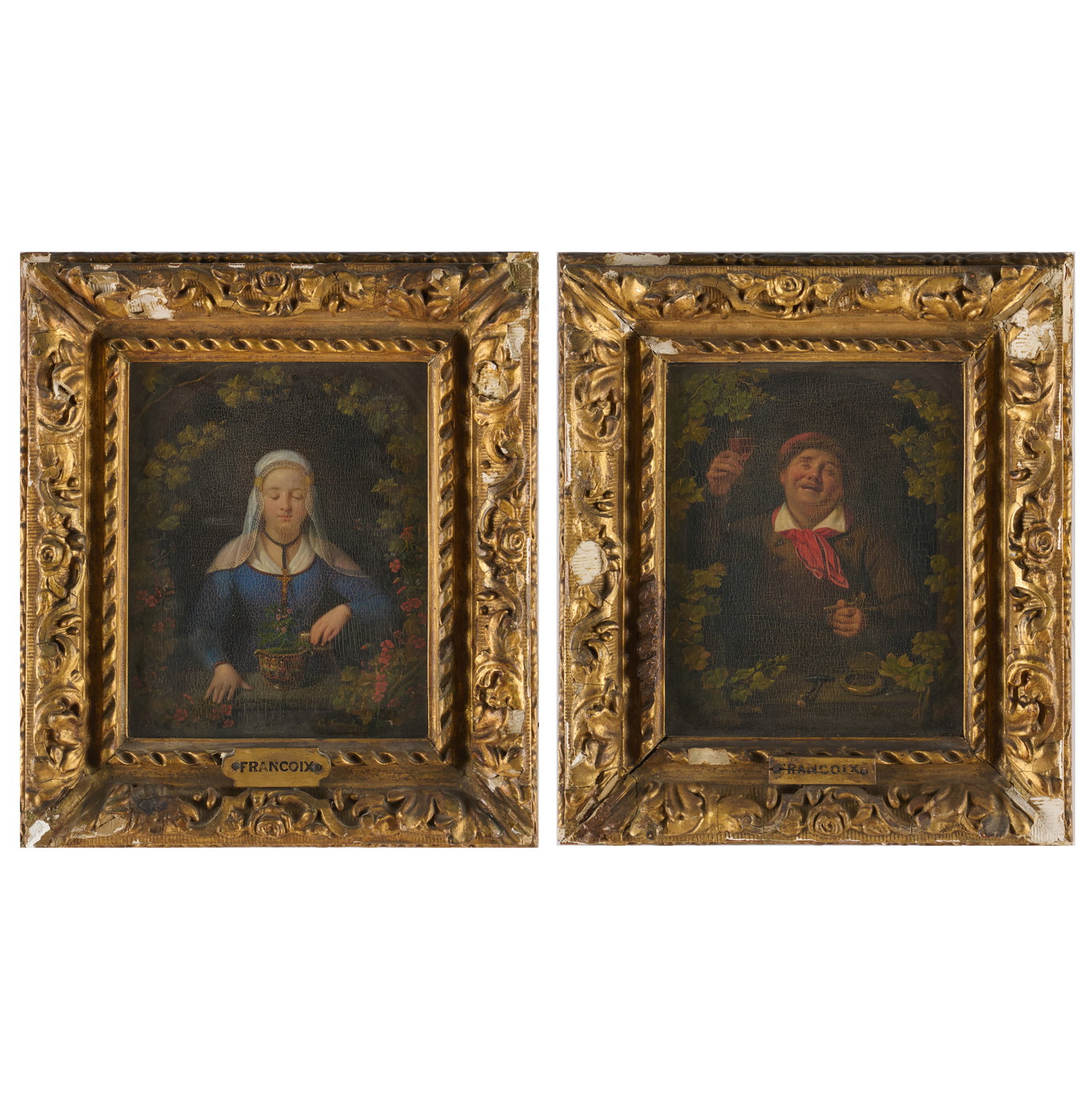 Attributed To Pierre Joseph Celestin Francois (1759-1851): Girl At Window; And Farmer At Window: Attributed To Pierre Joseph Celestin Francois (1759-1851): Girl At Window; And Farmer At Window Two oil on board, 1837, both signed 'C. Francois' and dated lower right, both with label from Borghi Fin