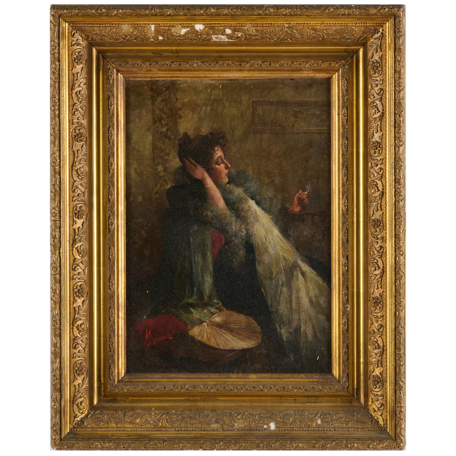 European School: Woman Smoking By The Fire: European School: Woman Smoking By The Fire Oil on canvas, indistinctly signed lower left. 15 3/4 x 11 in., 22 1/2 x 18 in. (frame).