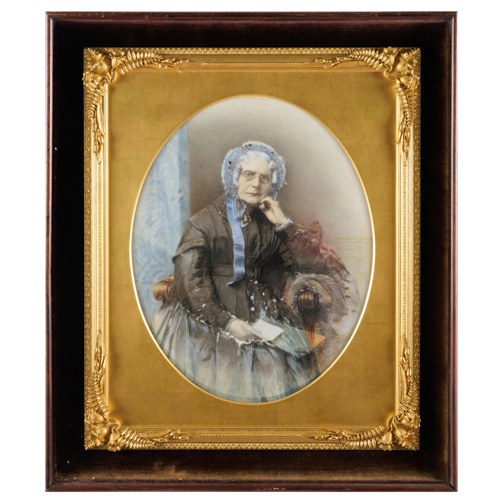 Benjamin Scott: Portrait Of An Lady In A Bonnet: Benjamin Scott: Portrait Of An Lady In A Bonnet Mixed media on white opaque glass, signed 'B. Scott' and inscribed 'Carlisle' lower right, indistinctly inscribed along the bottom edge, with label from